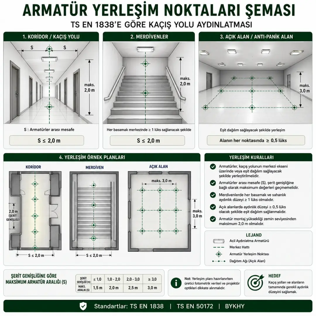 Kaçış yolu aydınlatması için zorunlu armatür yerleşim noktaları&nbsp;