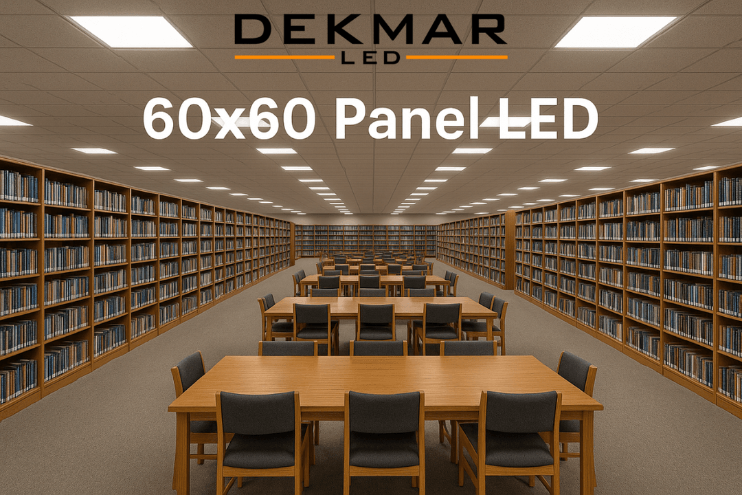 Geniş bir kütüphanede uygulanan 60 * 60 panel led aydınlatma sistemi, homojen ışık dağılımı ve modern görünüm sunar.
