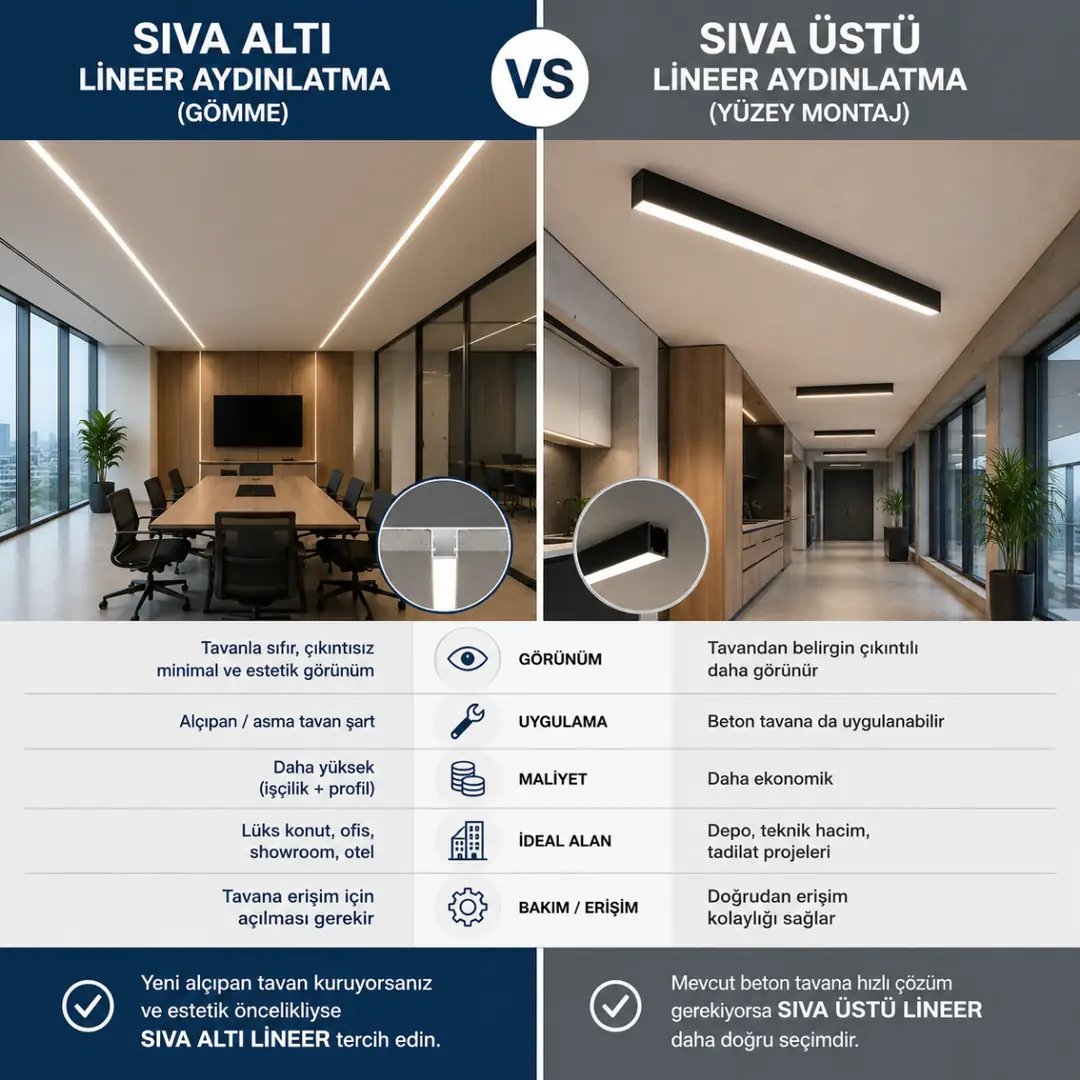 Sıva altı ve sıva üstü lineer aydınlatma sistemlerinin karşılaştırılması&nbsp;