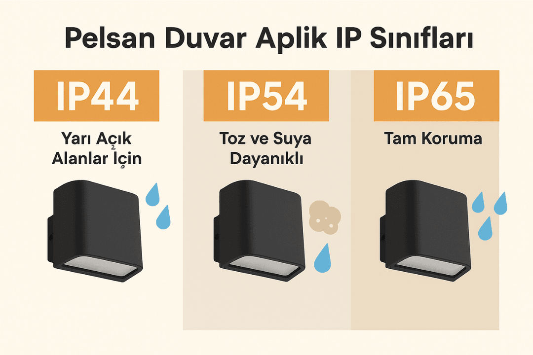 Pelsan duvar apliklerinde IP44, IP54 ve IP65 koruma farklarını gösteren infografik. 