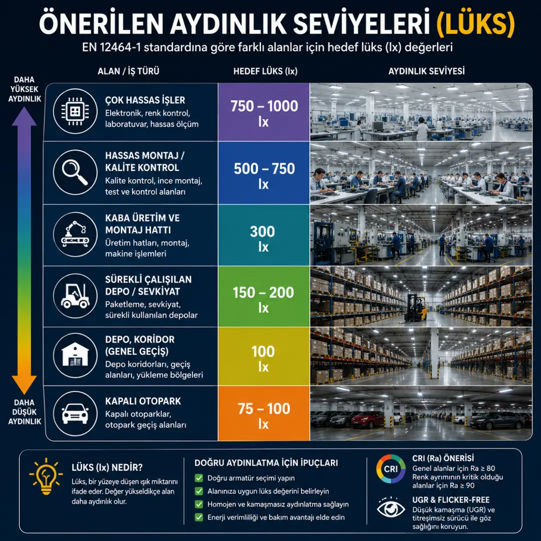 Depo fabrika ve üretim alanları için önerilen lüks değerleri&nbsp;