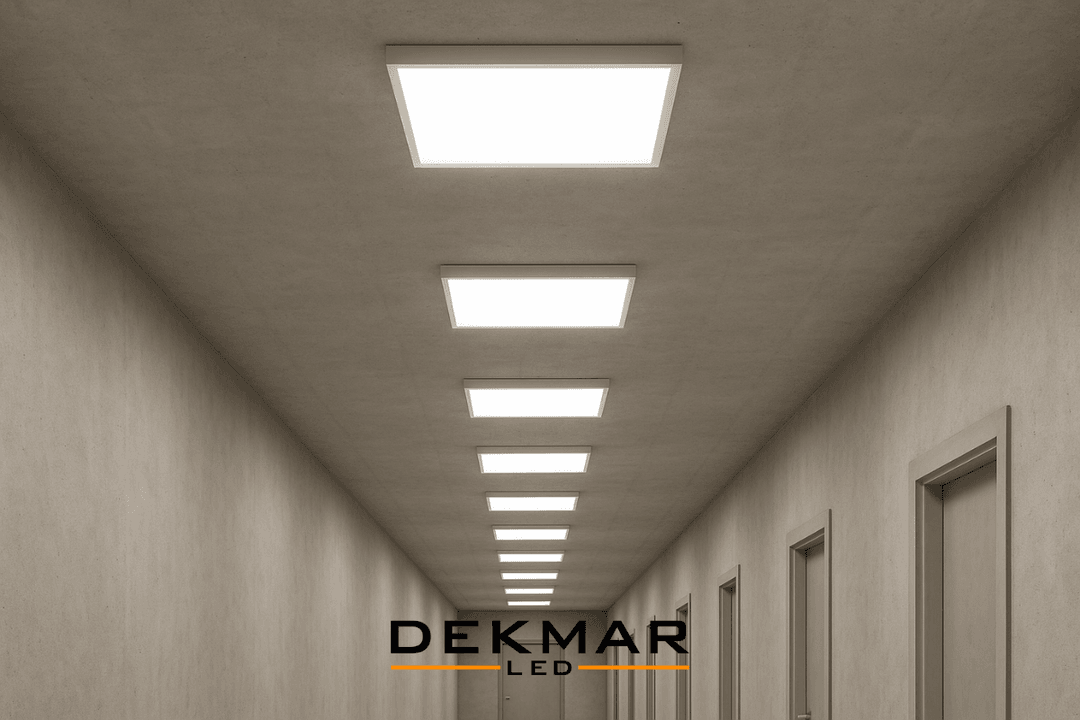 Pelsan 60x60 sıva üstü LED armatürün bir kurum koridorundaki uygulanmış hali, homojen ve verimli aydınlatma sağlar. 