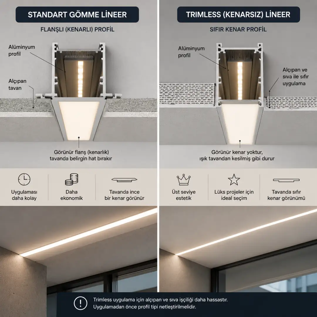 Trimless ve standart gömme lineer aydınlatma profil detayı&nbsp;