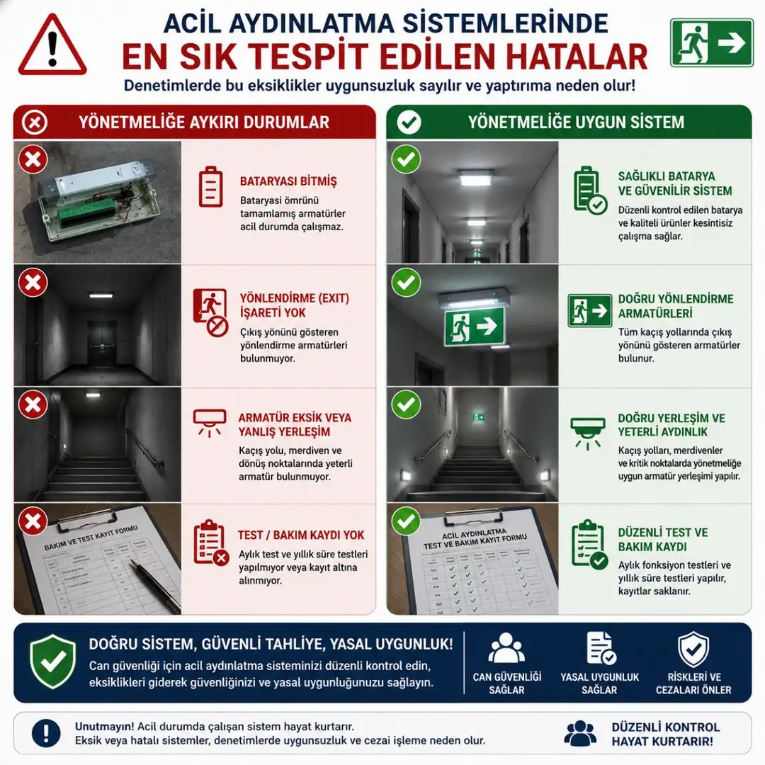 Denetimlerde en sık karşılaşılan acil aydınlatma eksiklikleri&nbsp;