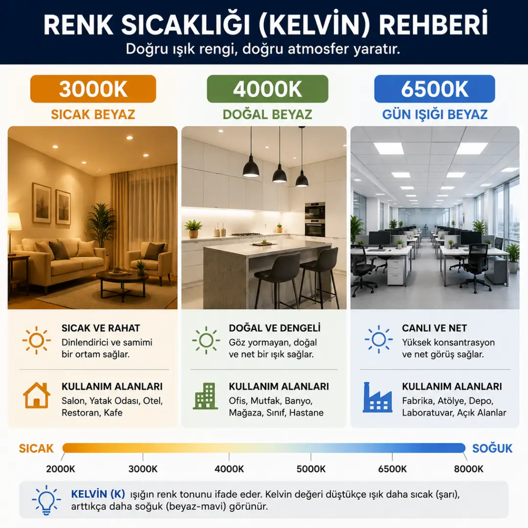 3000K, 4000K ve 6500K renk sıcaklığı karşılaştırması&nbsp;