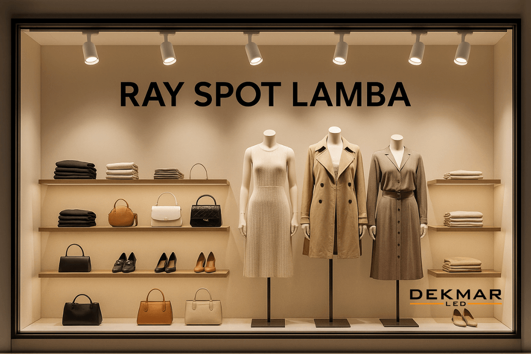 Ray spot lamba ile aydınlatılan geniş vitrin tasarımı, mağaza içeriğini şık ve dikkat çekici şekilde sergileme imkânı sunar.