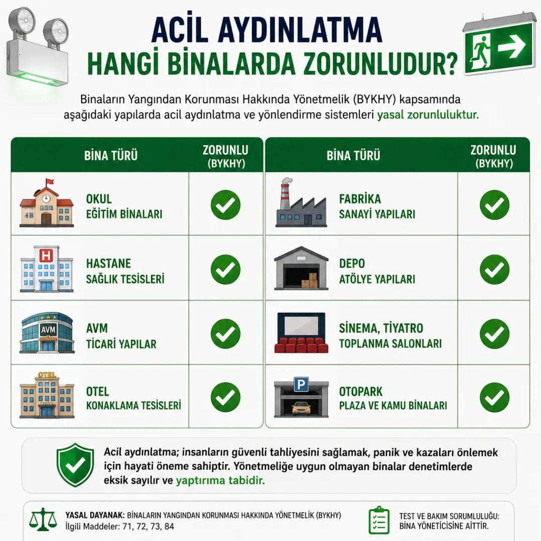 Acil aydınlatma zorunlu olan bina türleri&nbsp;
