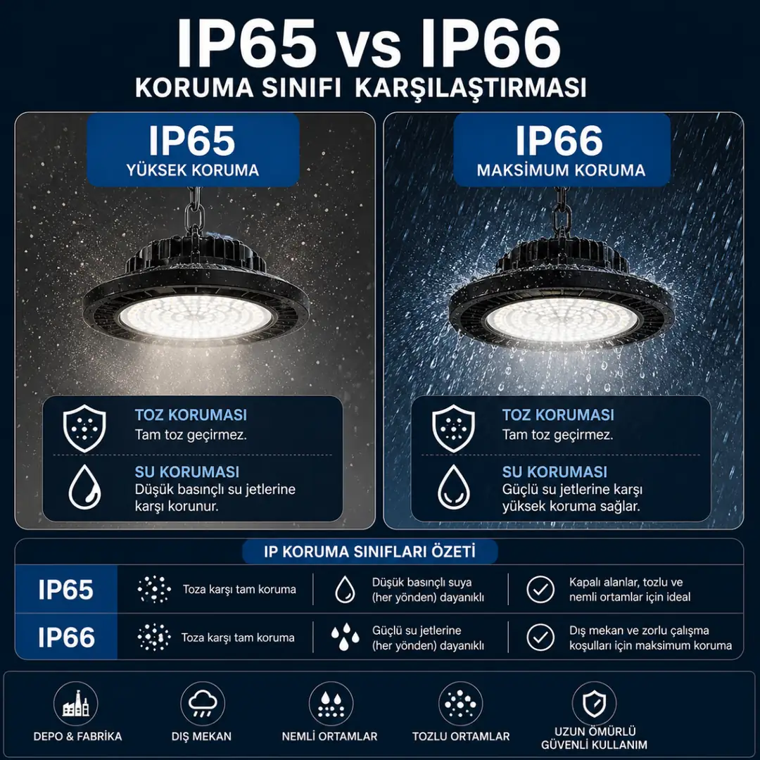 IP65 ve IP66 yüksek tavan armatürü koruma sınıfları&nbsp;