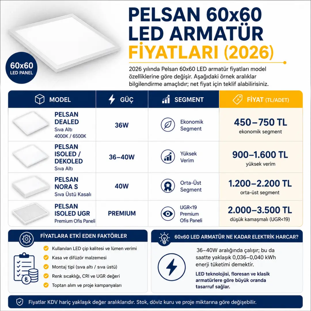 Pelsan 60x60 LED armatür fiyat tablosu; Dealed, Isoled, Dekoled, Nora S ve UGR ofis paneli modellerinin 2026 fiyat karşılaştırması.&nbsp;