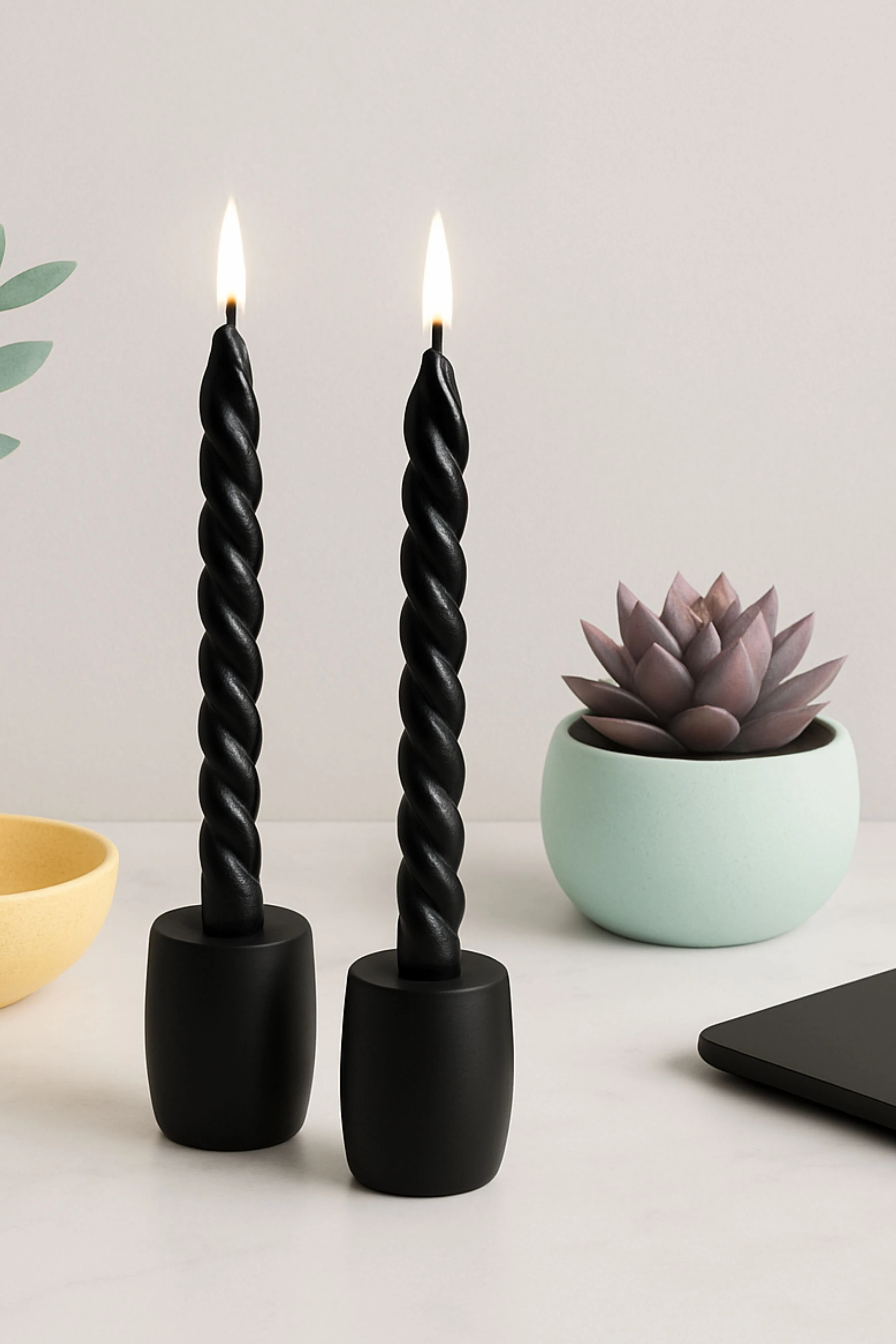 Ston 2'li Şamdan Mumluk ve Mum Seti siyah
