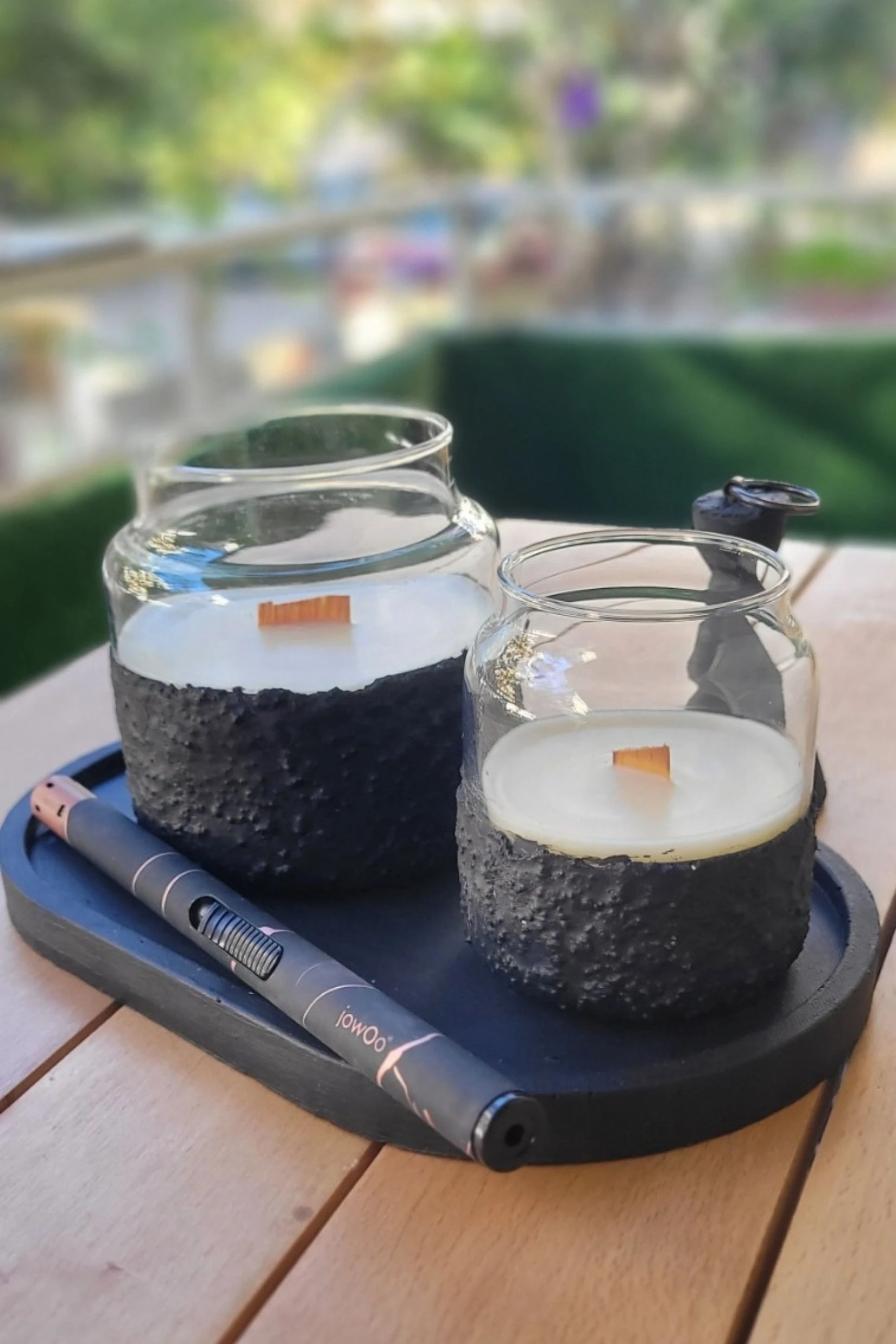 Beton & Cam 2’li Kavanoz Mum Seti – Mum Tabağı, Çakmak ve Mum Söndürücü Hediyeli