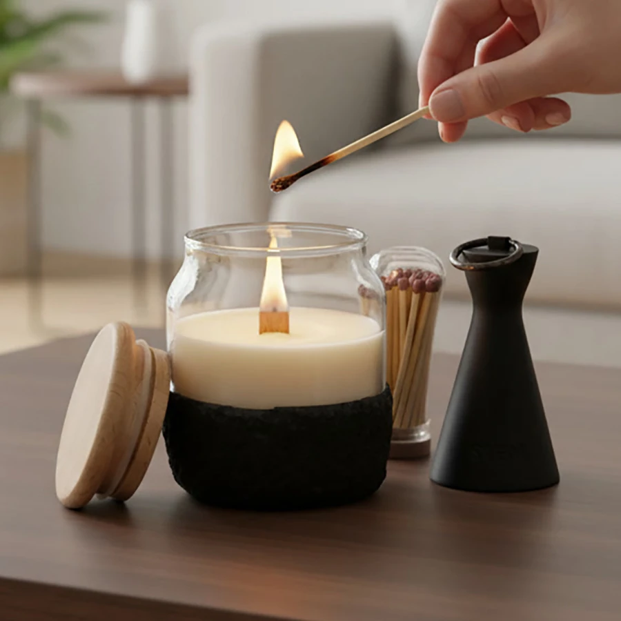 Beton & Cam Büyük Kavanoz Seti / kibrit ve mum söndürücü hediyeli /  9.5x10.5 cm