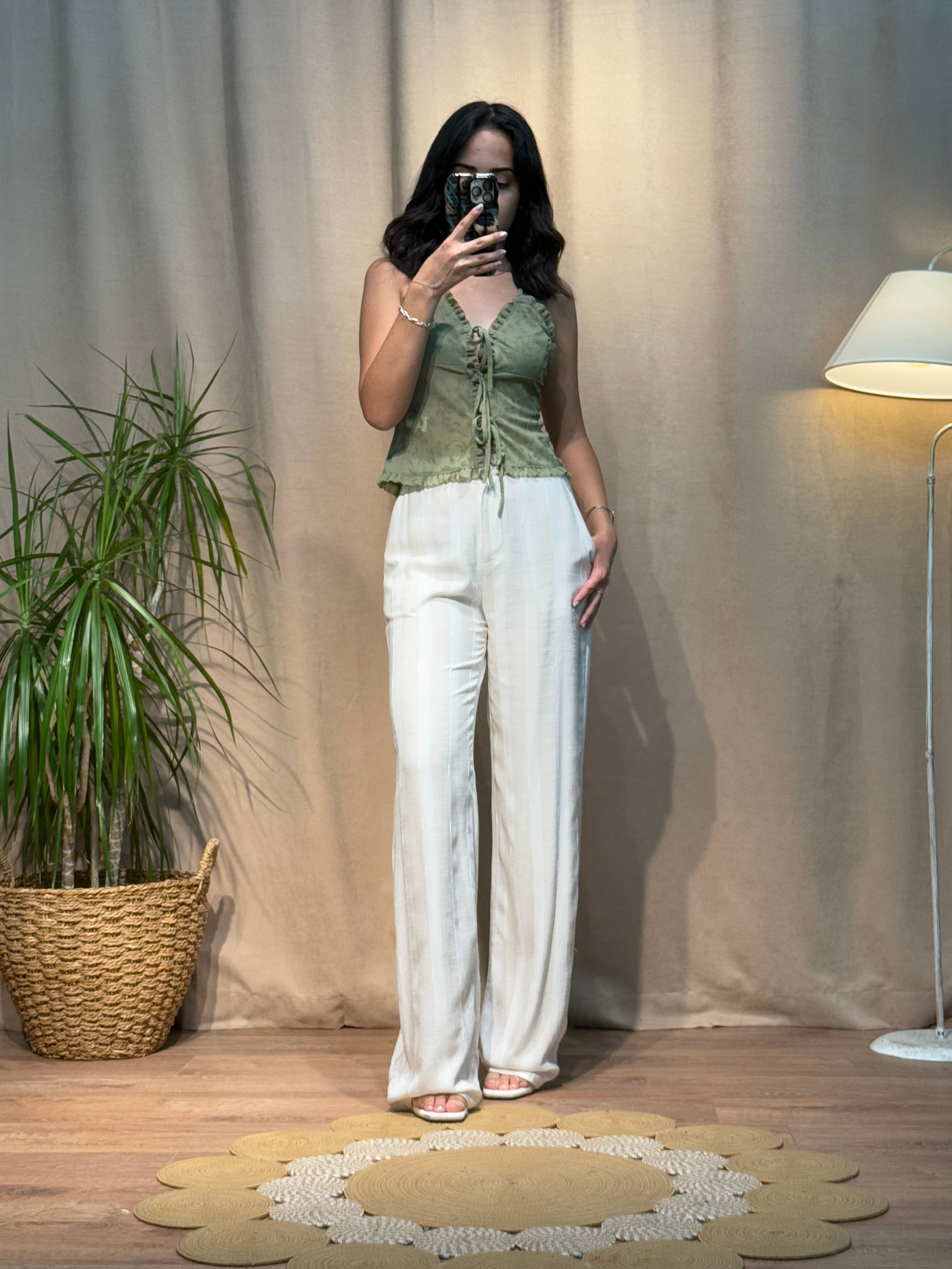 Çizgili Düz Paça Pantolon Naturel