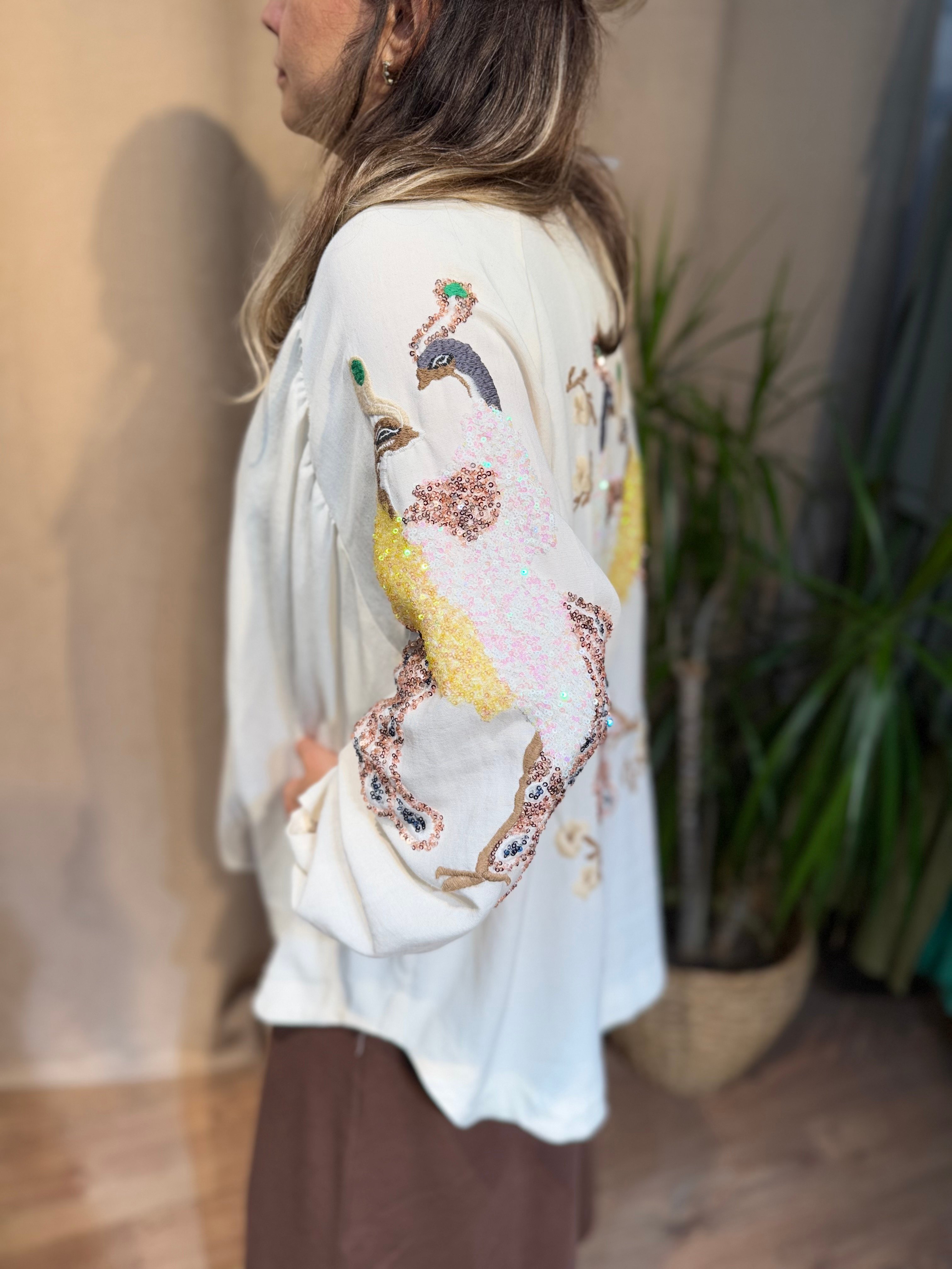 Tavus Kuşu İşlemeli Kimono 