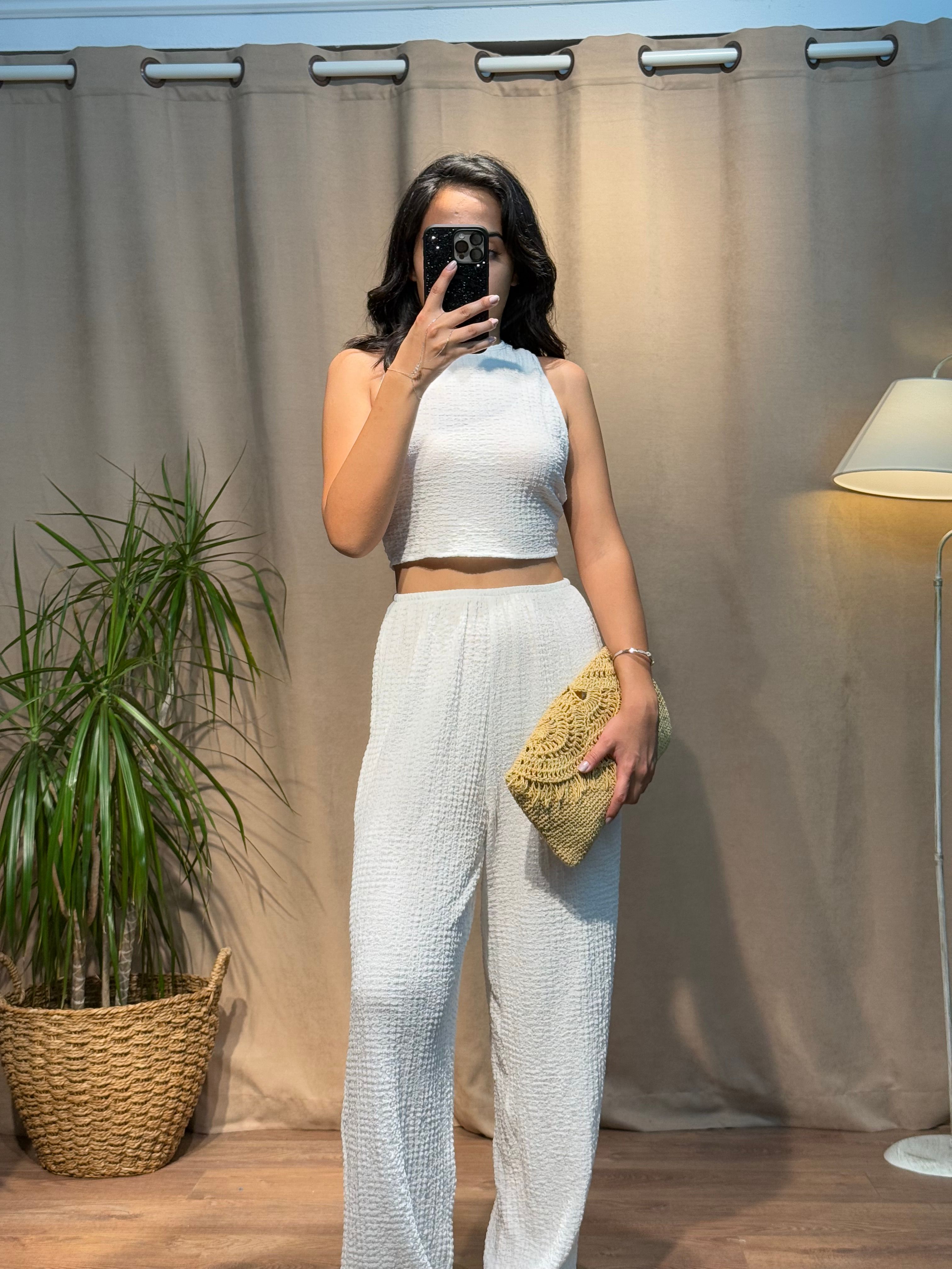 Gofre Kumaş Bağlamalı Ekru Crop Pantolon Takım