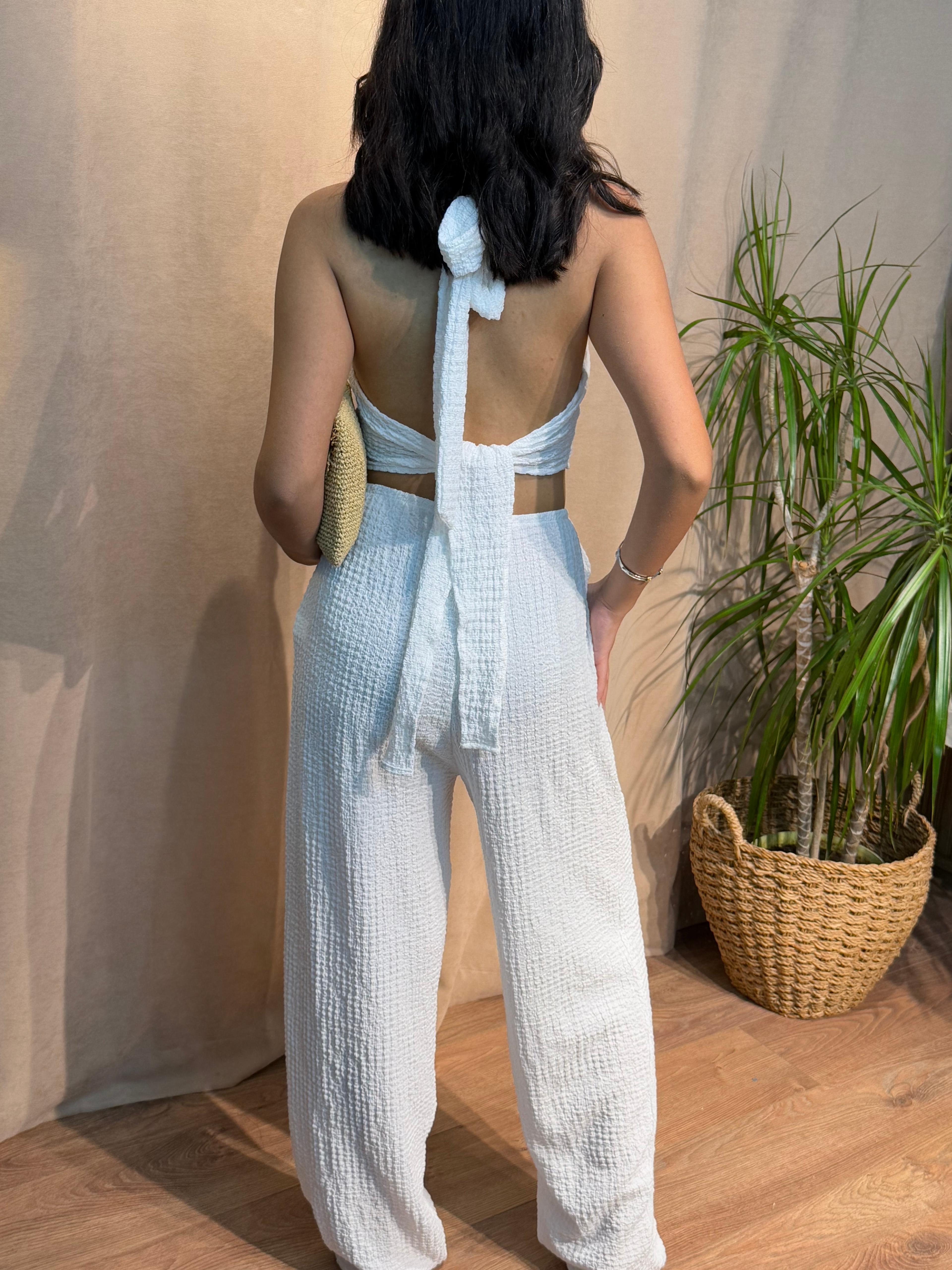 Gofre Kumaş Bağlamalı Ekru Crop Pantolon Takım