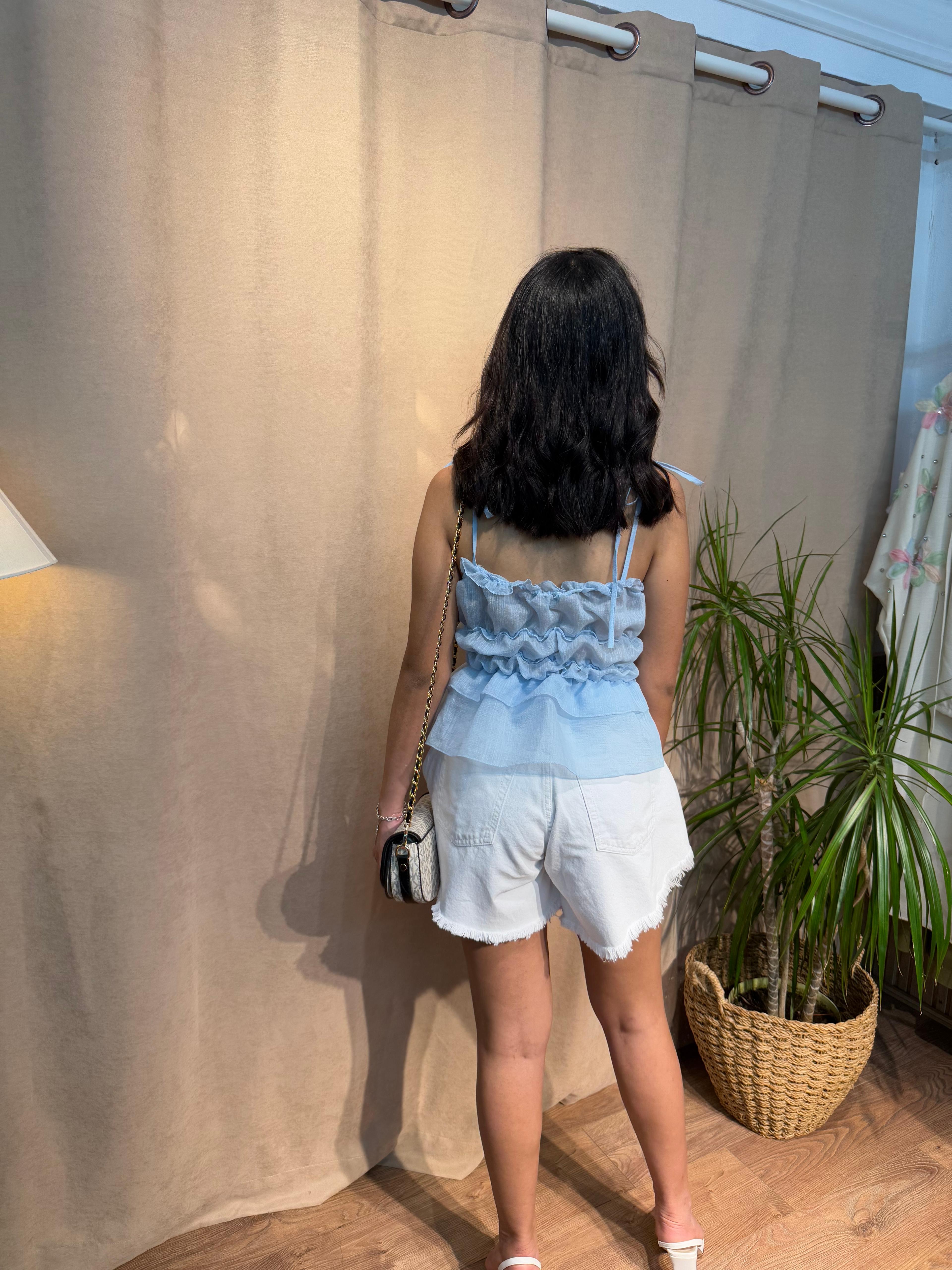 Gül Detaylı Askılı Bluz Mavi 