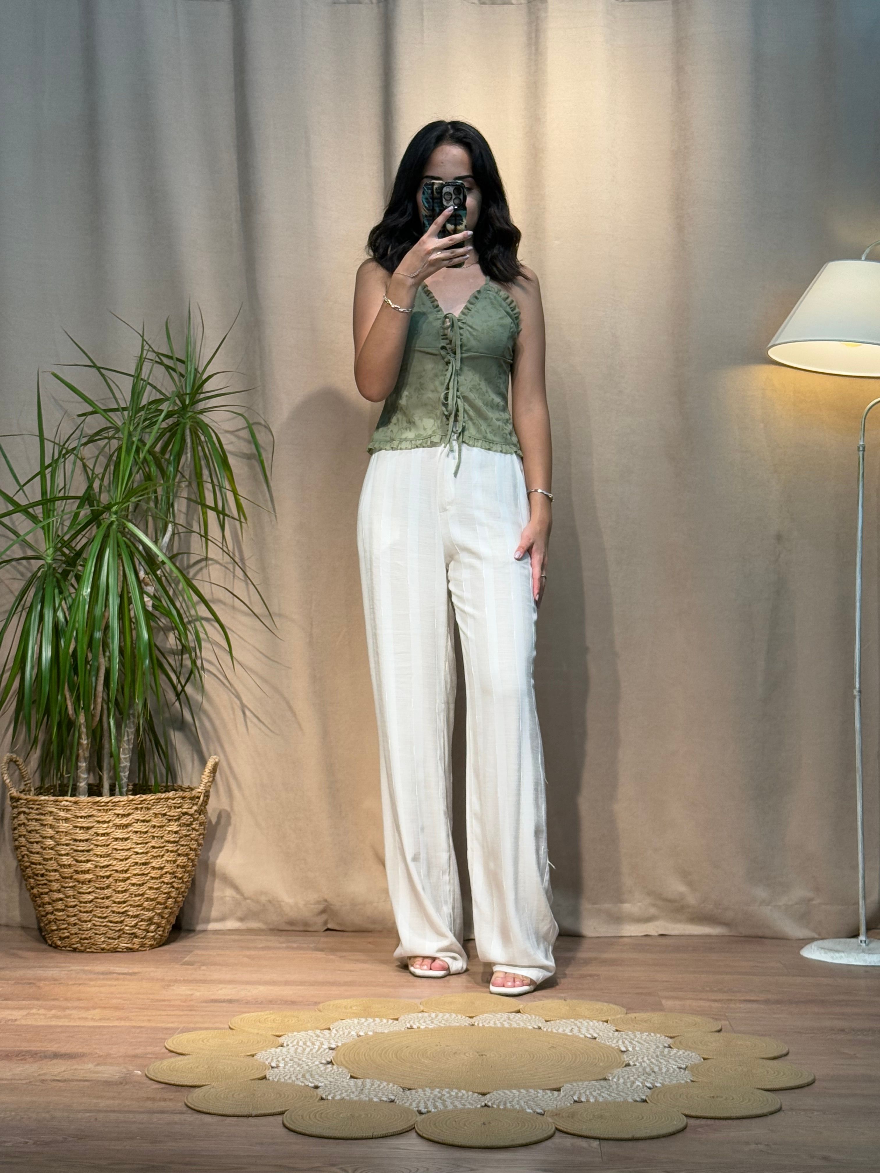 Çizgili Düz Paça Pantolon Naturel