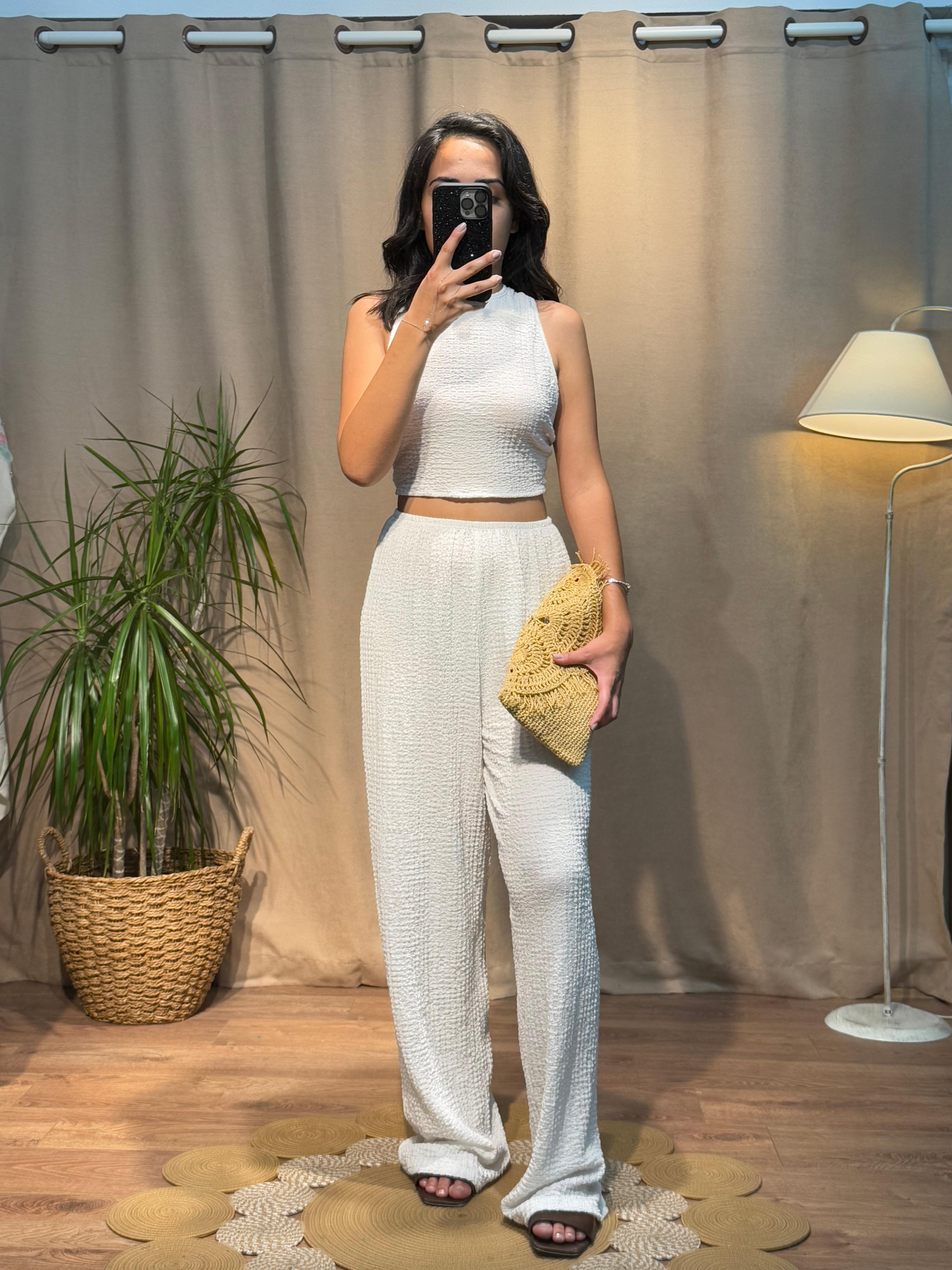 Gofre Kumaş Bağlamalı Ekru Crop Pantolon Takım