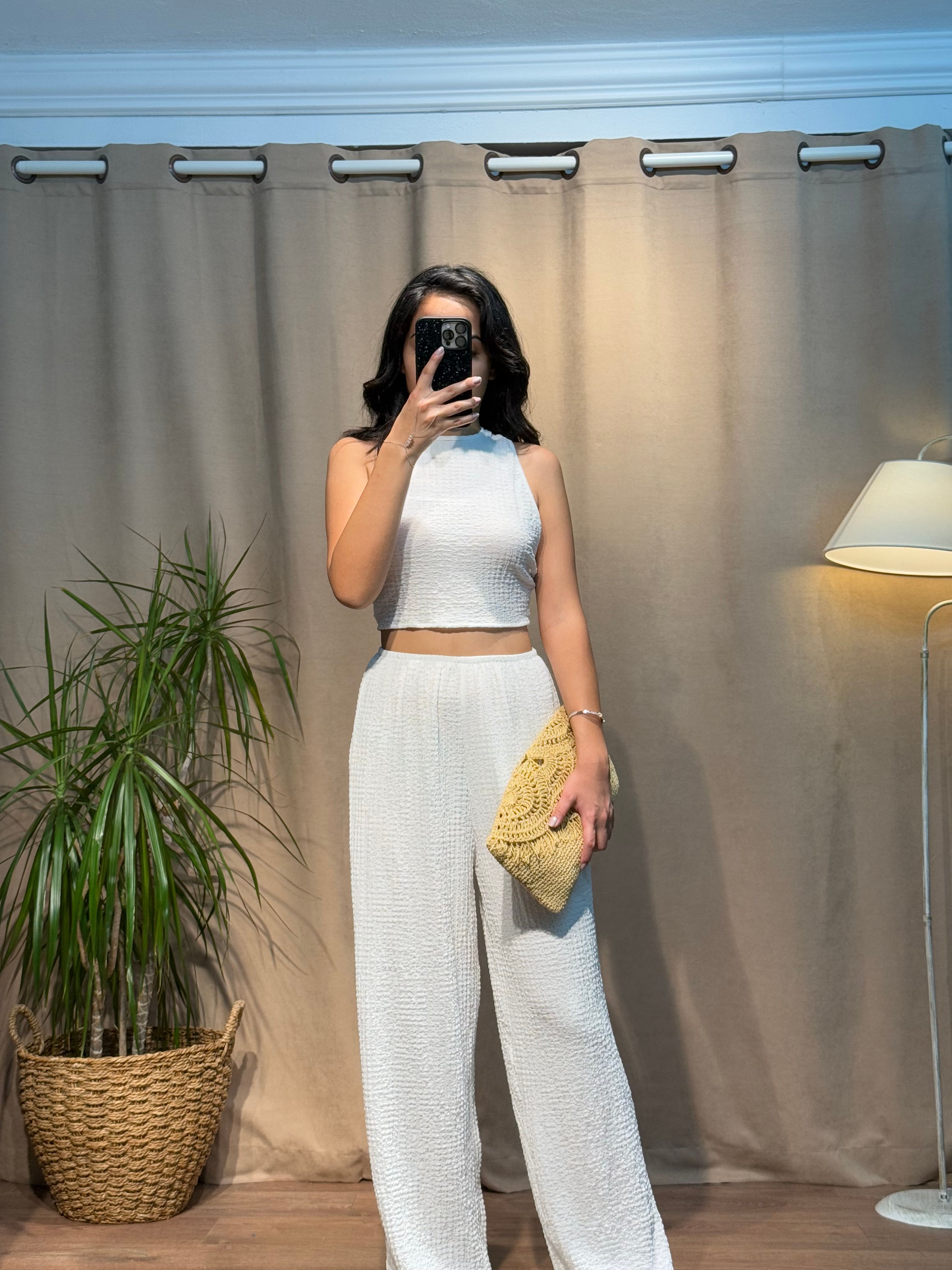 Gofre Kumaş Bağlamalı Ekru Crop Pantolon Takım