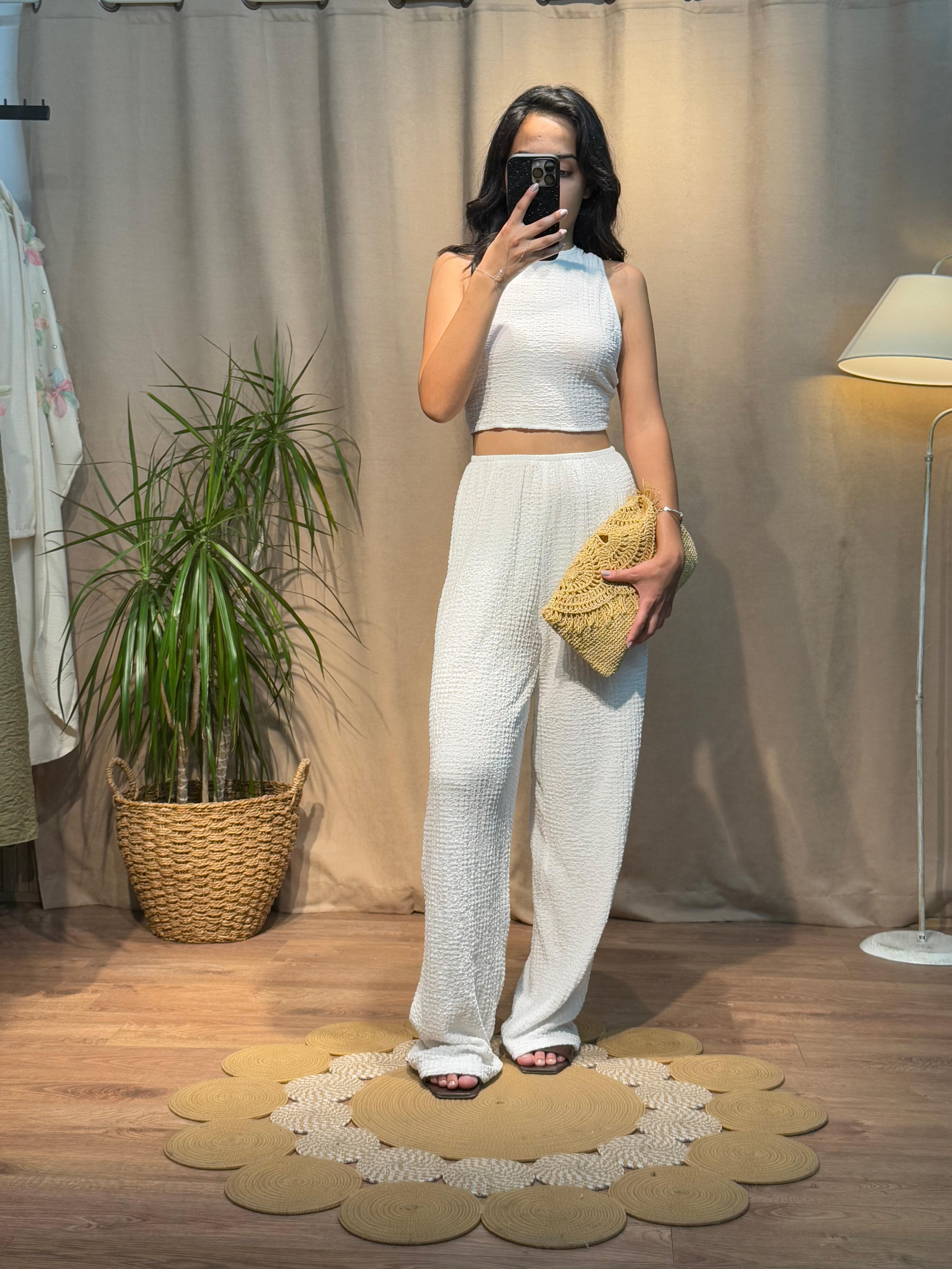 Gofre Kumaş Bağlamalı Ekru Crop Pantolon Takım