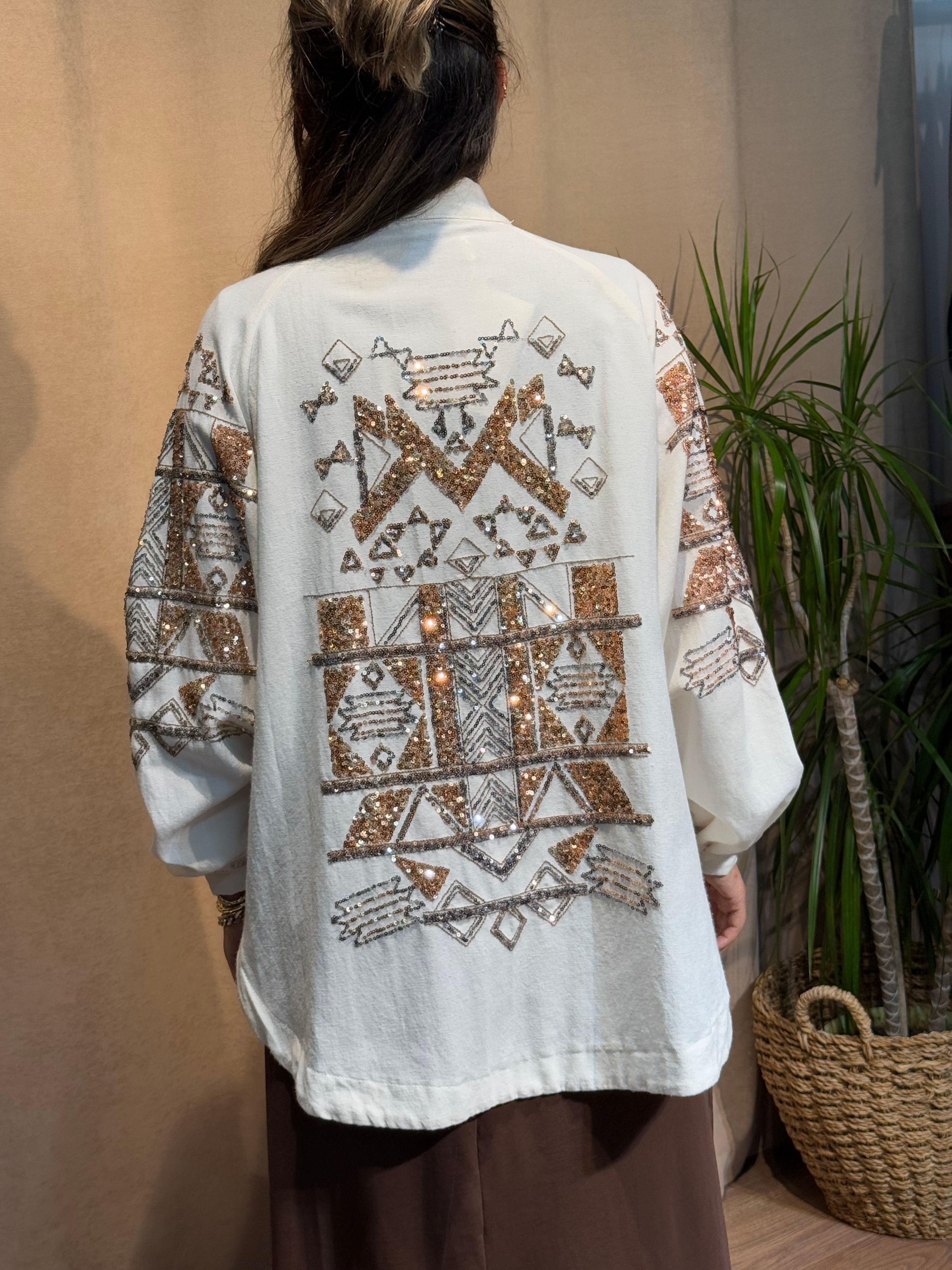 İşlemeli Kimono Kahverengi