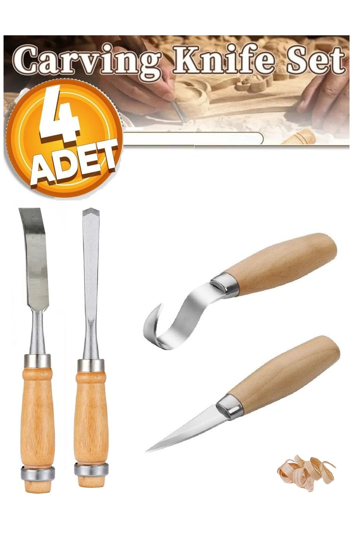 Ahşap Oyma Bıçak Alet Seti Kaşık Heykel Kuksa Oval Düz Oyma Yontma Bıçağı 4 Parçalı Set