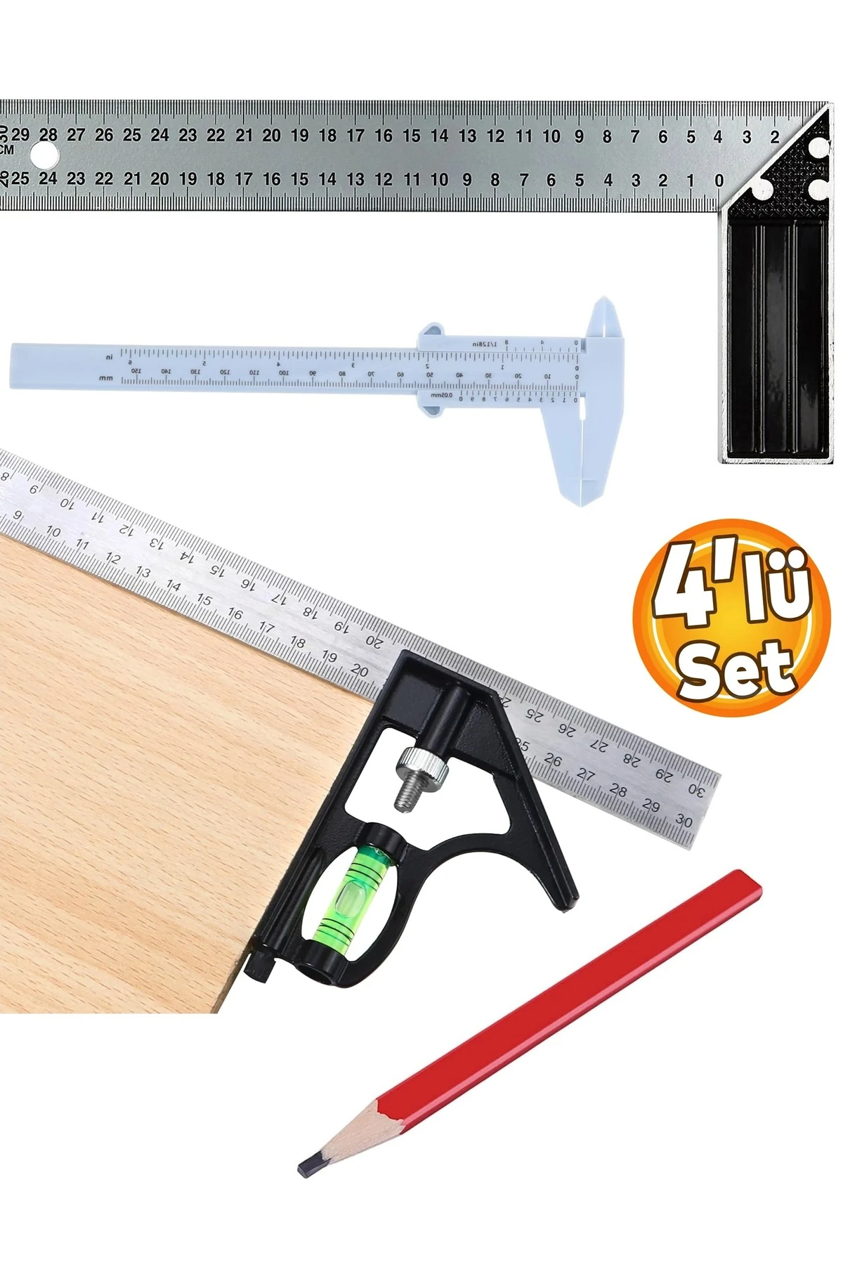 Kombine Su Terazili Ayarlı gönye Kumpas Marangoz Mühendis Cizim Seti 45 90 derece