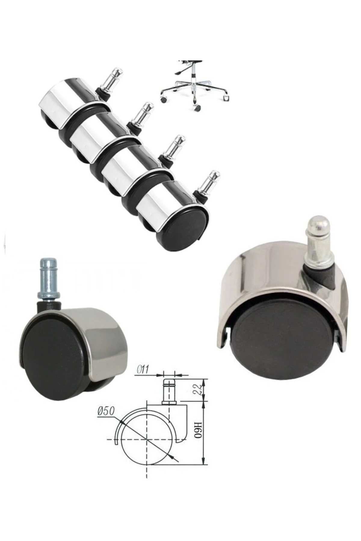 Ofis Koltuk Tekerleği Krom Görünümlü Lüx Tekerlek 5li Set Yüksek Kalite