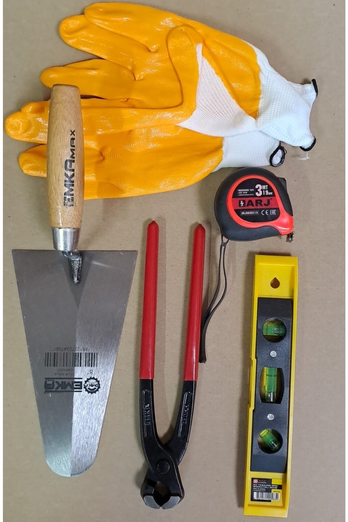 Inşaatcı Harç Sıvacı Malası 28cm Betoncu Kerpeteni Su Terazisi 3 Metre Eldiven Set