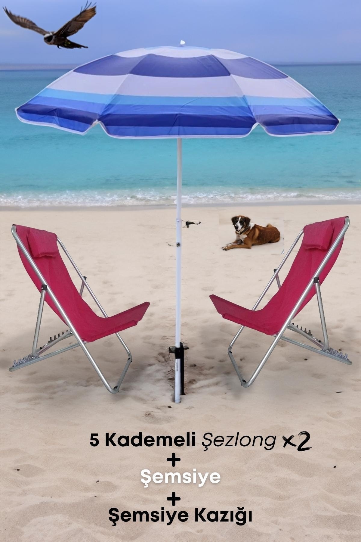 Katlanır Yastıklı 5 Kademe Ayarlı Yatar Rahat Şezlong Kazıklı Şemsiye Plaj Havuz Balkon Teras Bahçe