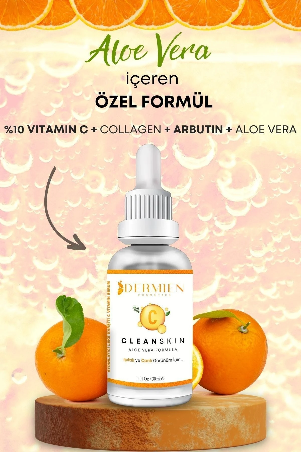 C Vitamini %10 Aydınlatıcı, Cilt Tonu Eşitleyici Aloe Vera, Collagen, Arbutin 30 ml Cilt Serumu