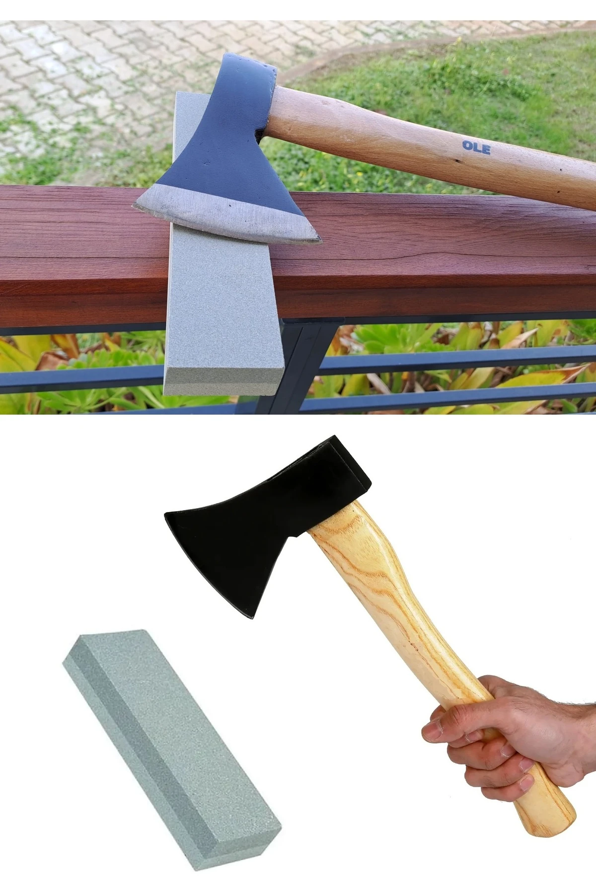 Ahşap Saplı Metal Balta Ahşap Kemik Kesme Tırpan Nacak Balta Tara Bileme Taşı 2 Parça set