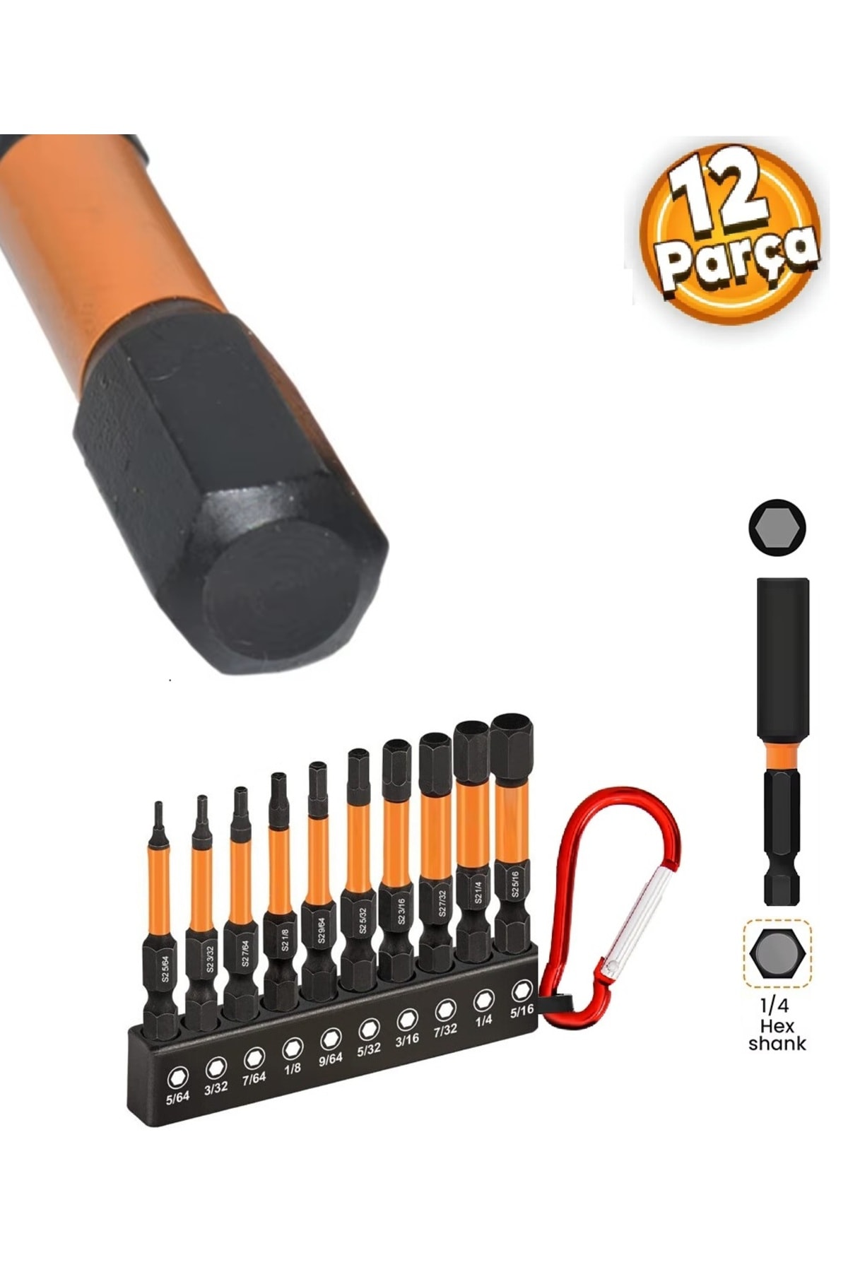 Alyan anahtar Set Hex Bits uç takımı Manyetik uzatma Adaptörlü 12 Parçalı Set