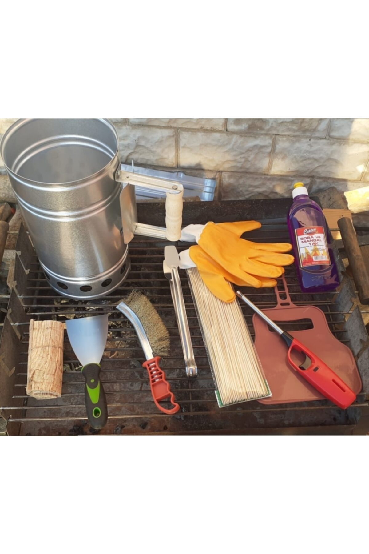 Mangal Barbekü Yakma Temizleme Seti 10 Parça Çakmak Maşa Spatula Eldiven Tel Fırça Şiş Jel