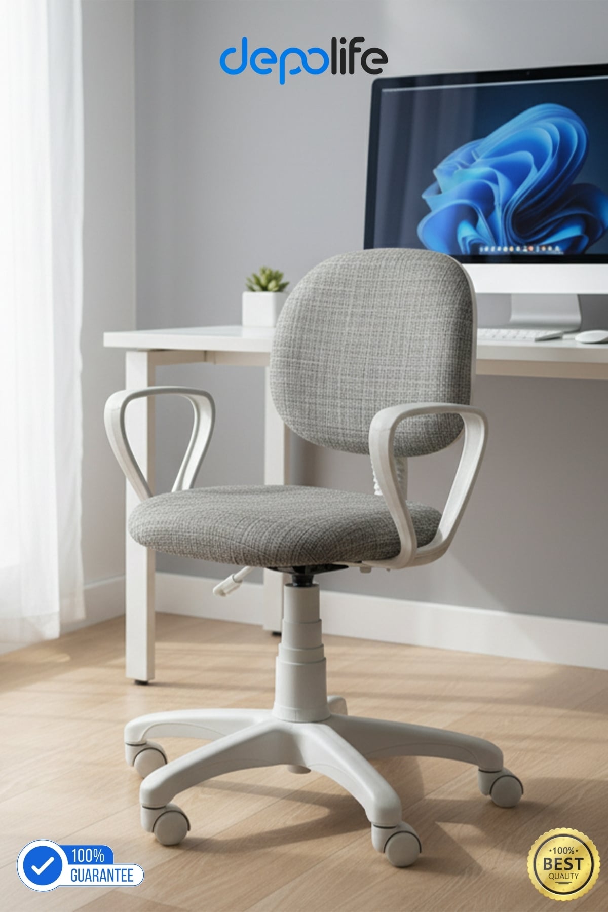 Ev Ofis Sekreter Personel Çalışma Sandalyesi Ergonomik Büro Personel Beyaz Çalışma Koltuğu - Gri Döşeme - Beyaz Aksam