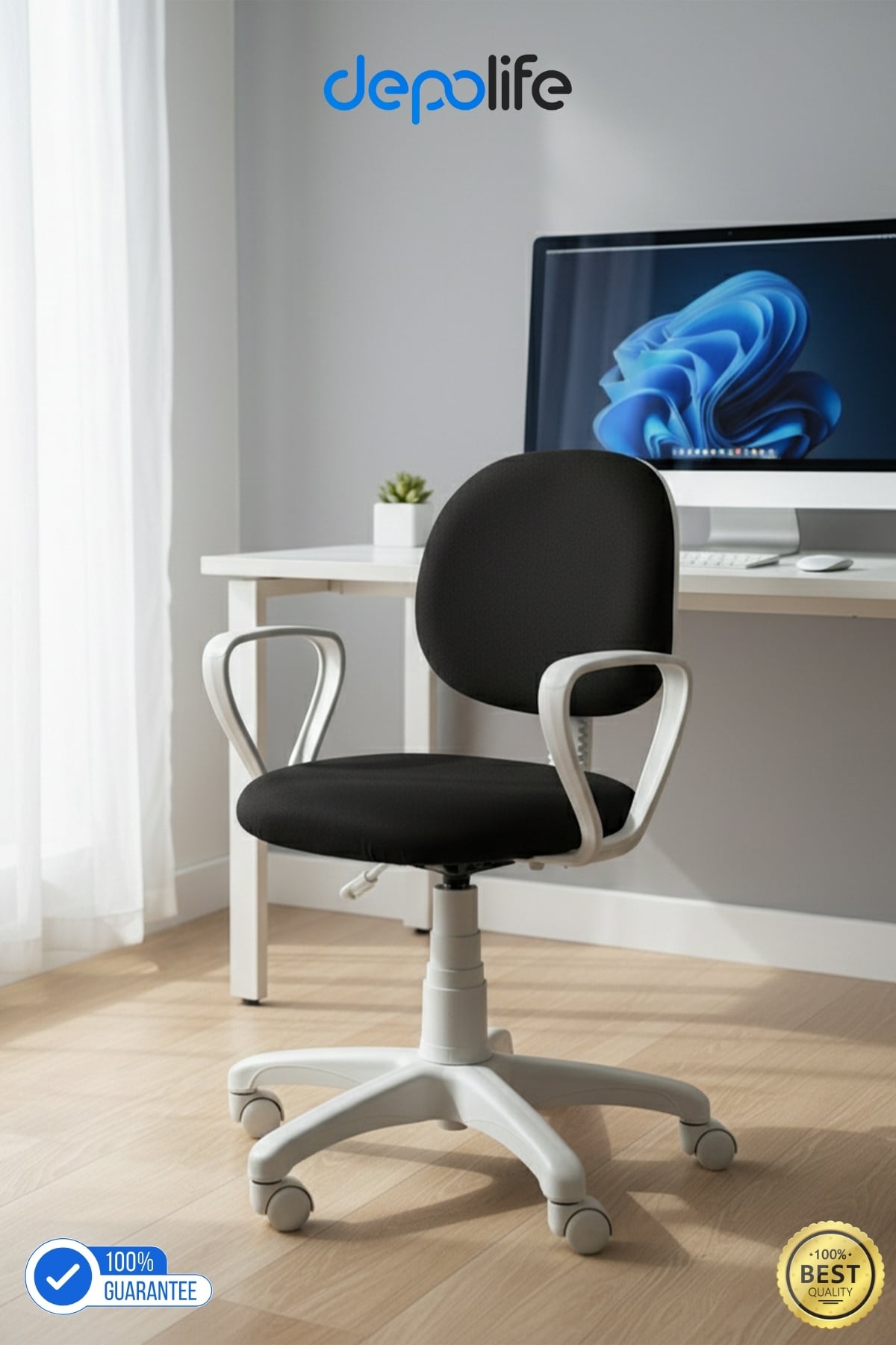 Ev Ofis Sekreter Personel Çalışma Sandalyesi Ergonomik Büro Personel Beyaz Çalışma Koltuğu - Siyah Döşeme - Beyaz Aksam