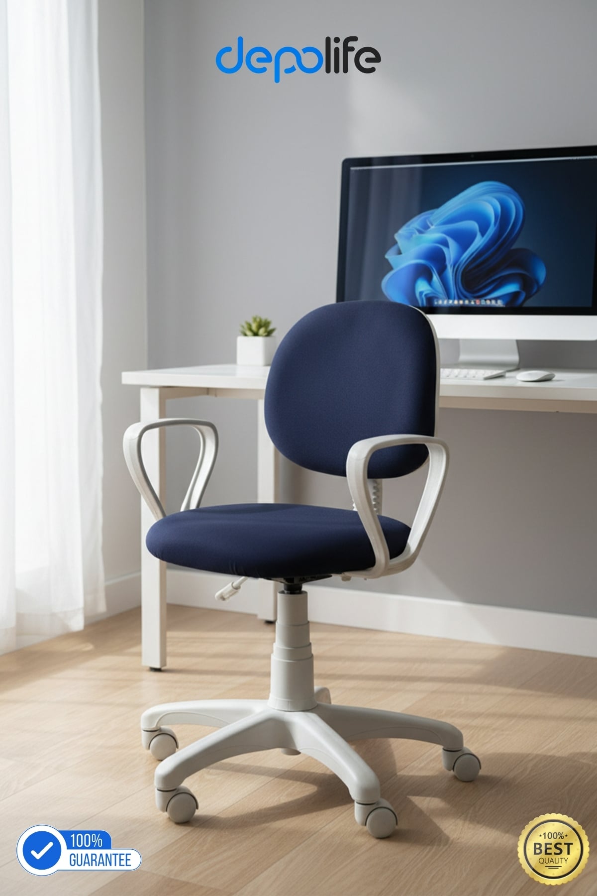 Ev Ofis Sekreter Personel Çalışma Sandalyesi Ergonomik Büro Personel Beyaz Çalışma Koltuğu - Lacivert Döşeme - Beyaz Aksam
