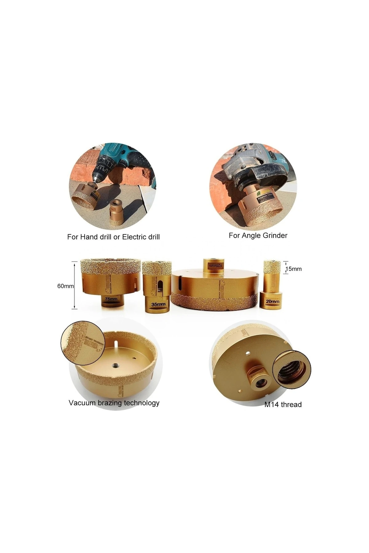 Mermer Granit Panç Fayans Beton Kaya Delme Ucu 35mm Sarı Elmas Avuç Taşlama Uyumlu (m14) Karot Delik