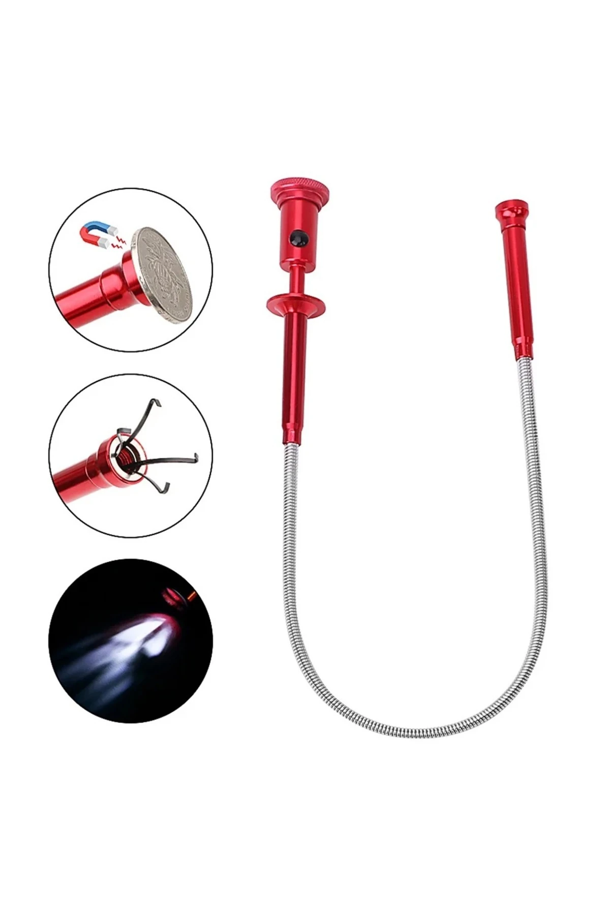 Spiral Esnek Mıknatıslı Işıklı Kancalı Kıskaç 62cm Manyetik Vida Tutucu Güçlü Çelik Çene