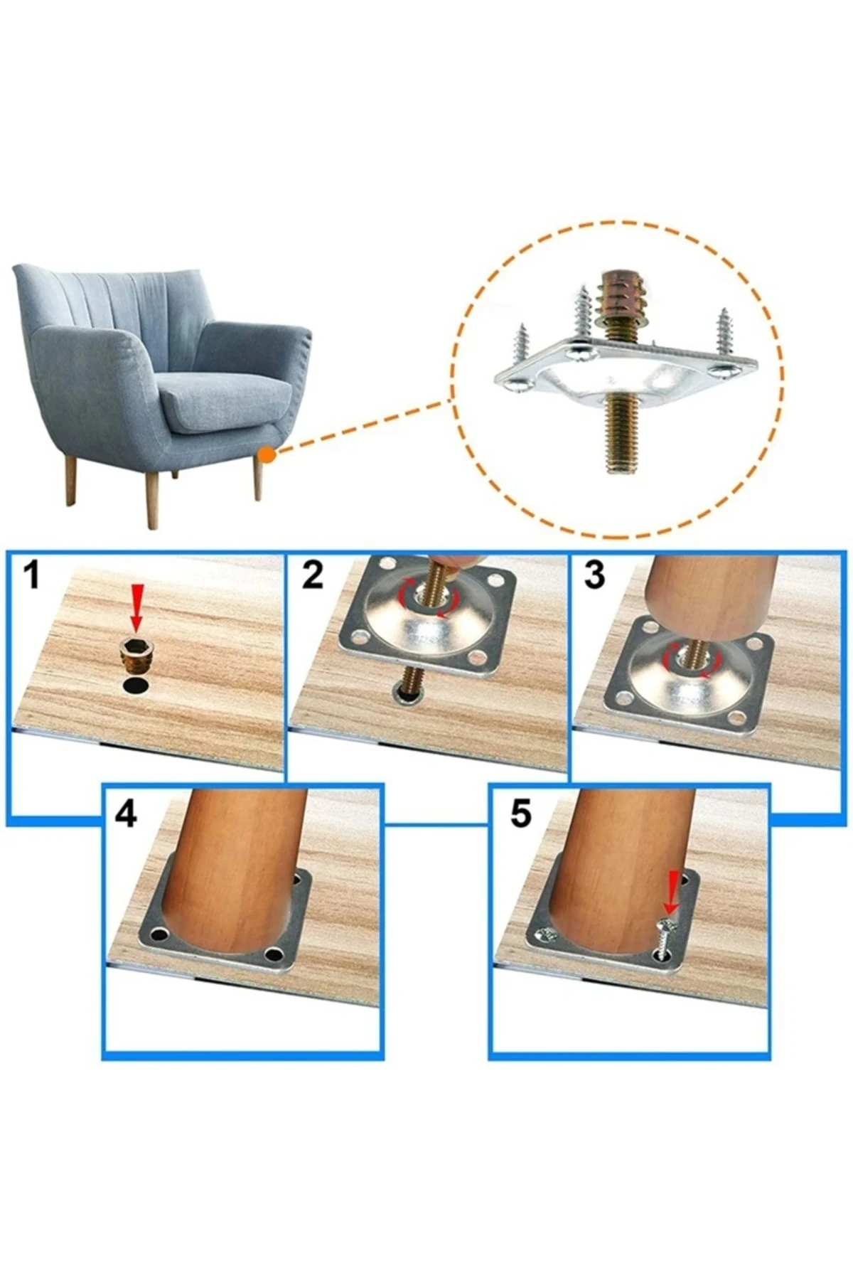 Ahşap Mobilya Ayak montajı için tablalı montaj seti 4lü set braket çekyat koltuk masa ayak montaj