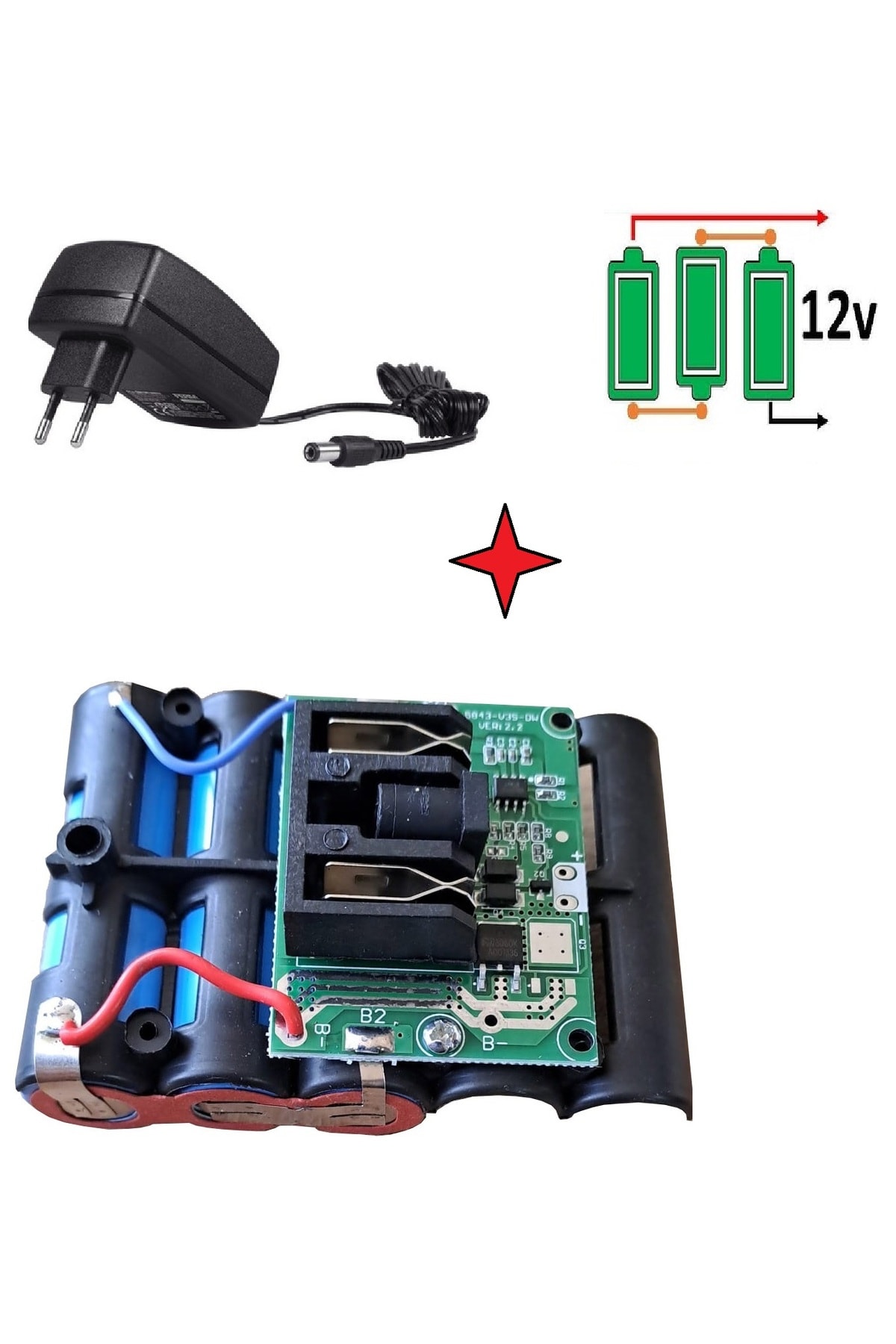 12v (3 x18650 pil) Batarya ve şarj Adaptör cihazı seti BMS Devreli akü Proje Ödev
