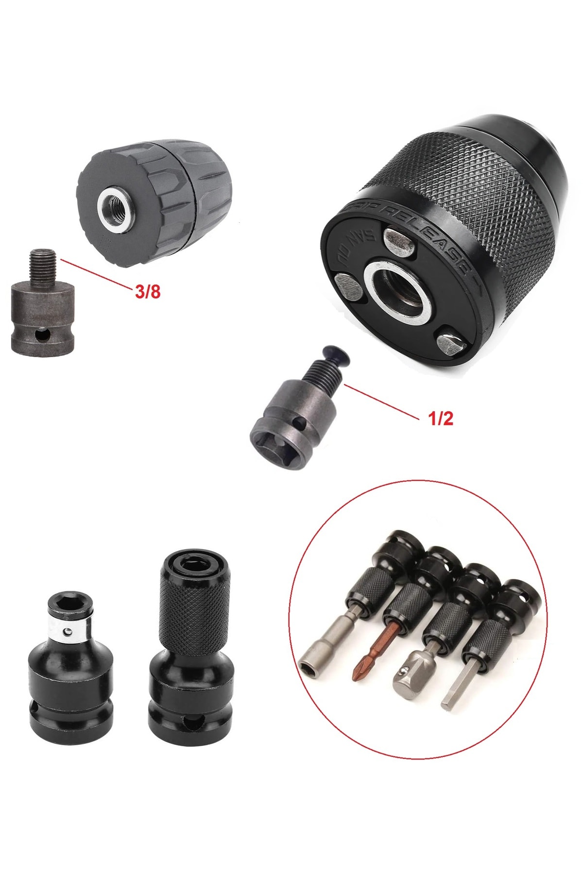 Torklu Somun Sıkma Bijon Sökme Darbeli Matkap için Bits Adaptörü 4lü Set Yaylı Ağır hizmet Mandreni