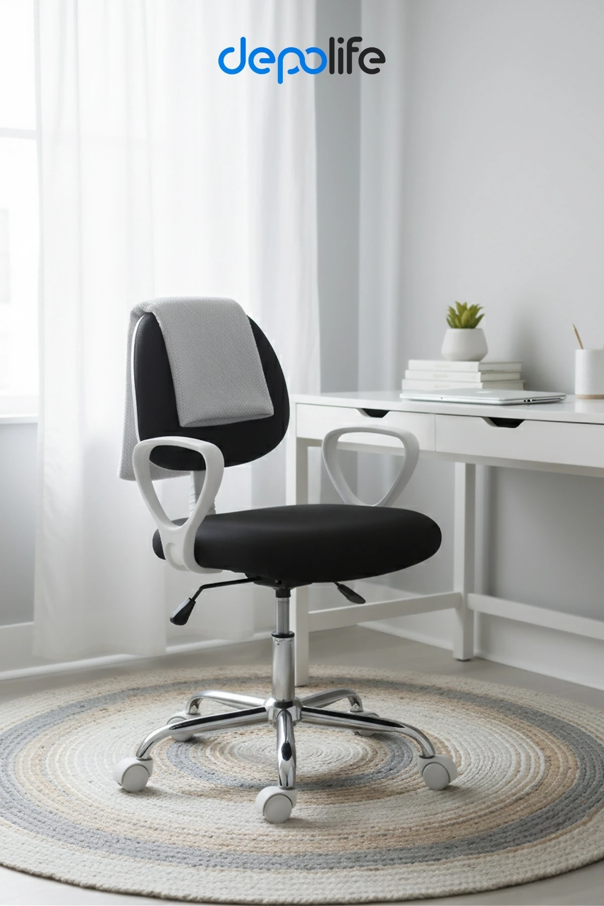  Ev Ofis Sekreter Personel Çalışma Sandalyesi Geriye Yatma Krom Beyaz Büro Ders Oyuncu Koltuğu - Siyah - Krom