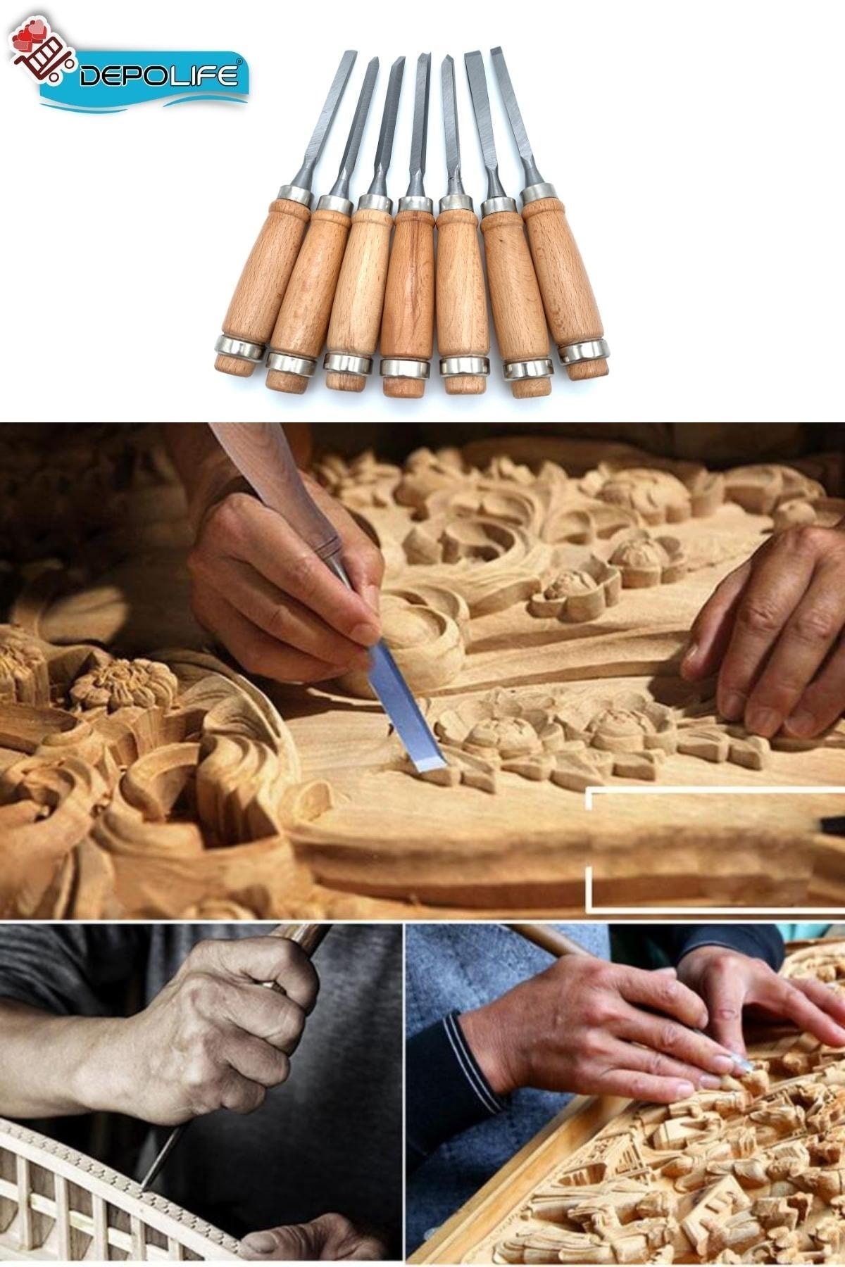 Ahşap Oyma Keski Iskarpela Bıçak Alet Seti Kaşık Kuksa Oval Oyma Yontma Torna Çakısı 7 Li Set