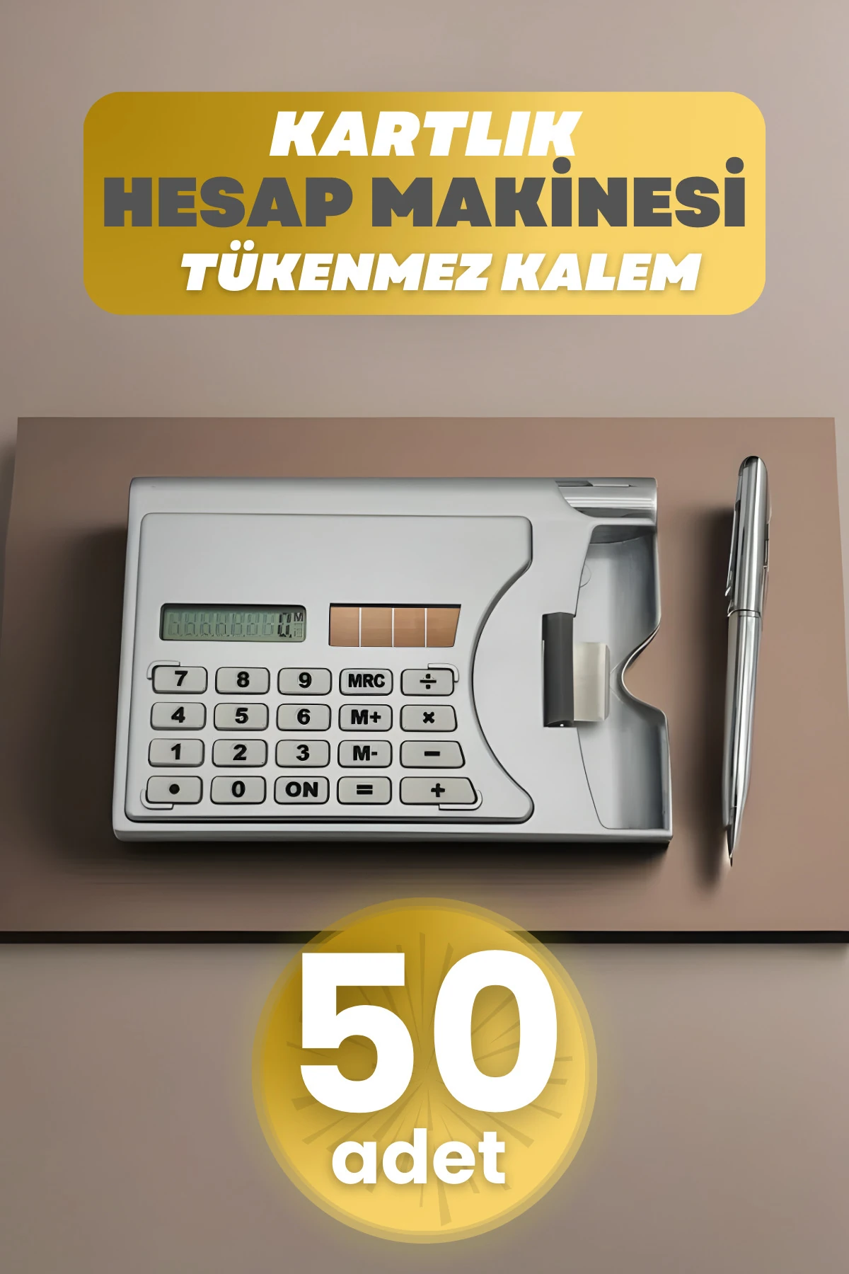 50 Adet Taşınabilir Hesap Makinesi Güneş Enerjili Kartvizitlik Tükenmez Kalem Cep Tipi Calculator