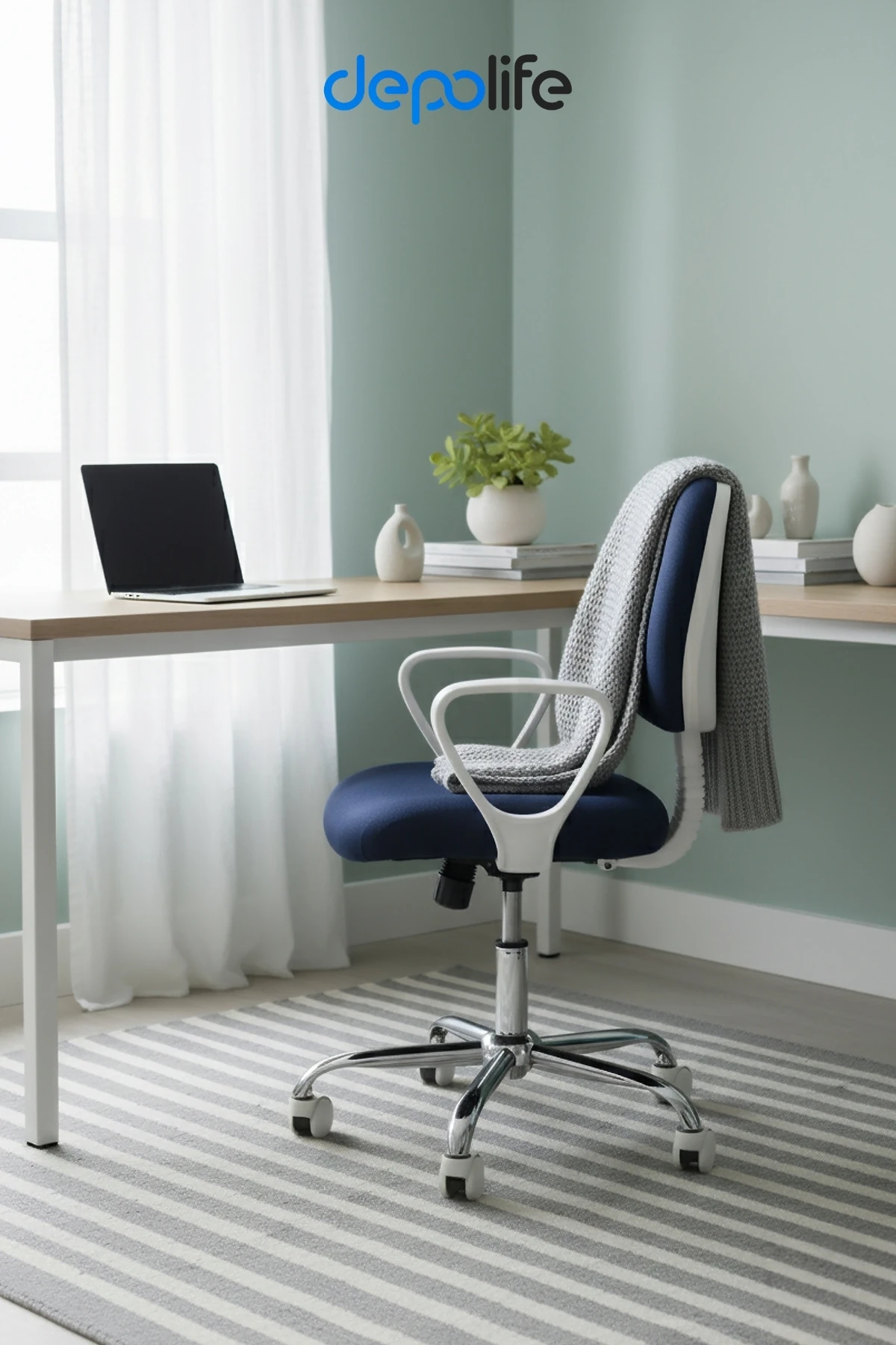  Ev Ofis Sekreter Personel Çalışma Sandalyesi Geriye Yatma Krom Beyaz Büro Ders Oyuncu Koltuğu - Lacivert - Krom