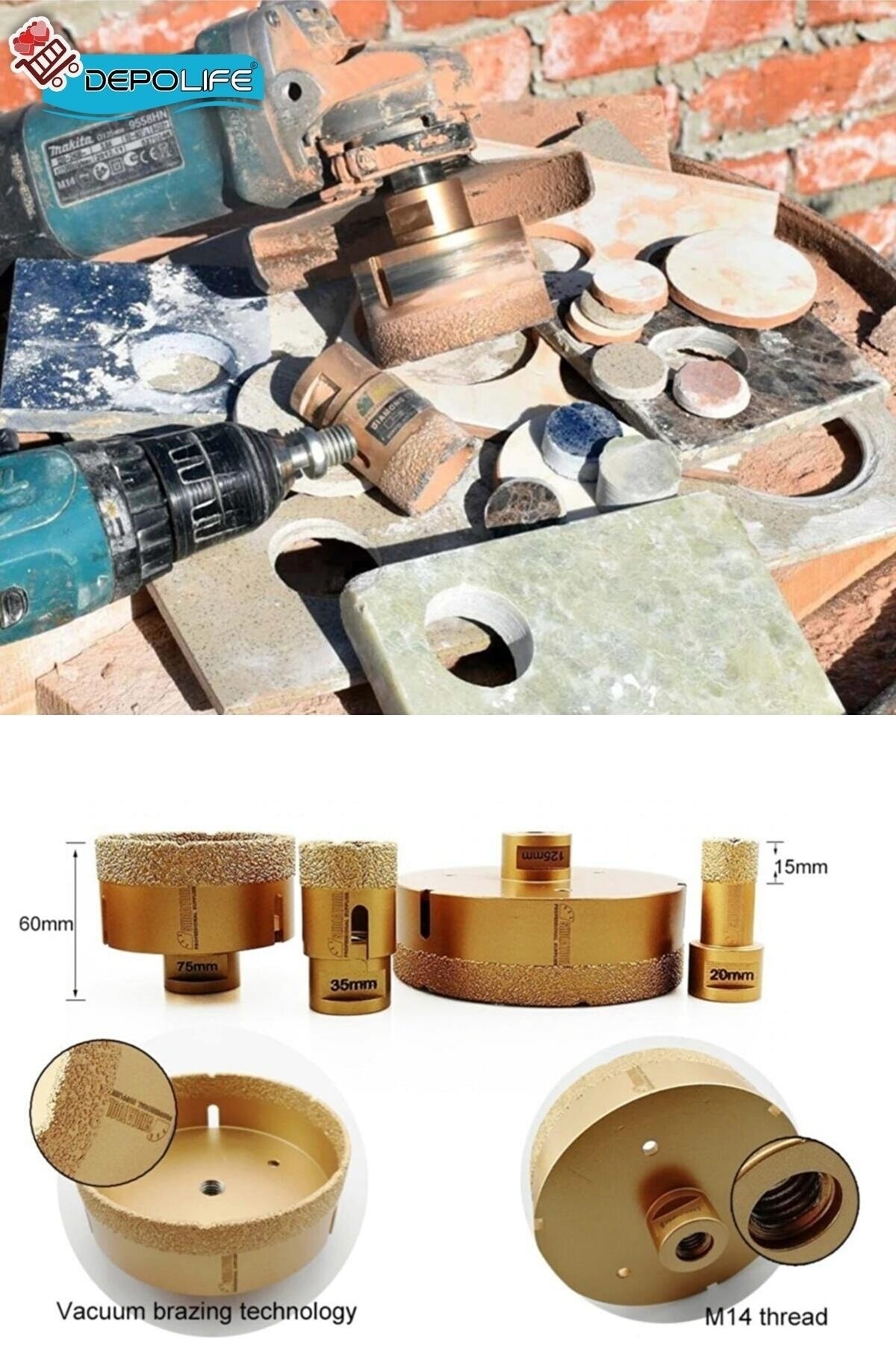 45 Mm Granit Mermer Fayans Beton Taş Delme Panç Canavar Spiral Avuç Taşlama Matkap Uyumlu M14 Aparat