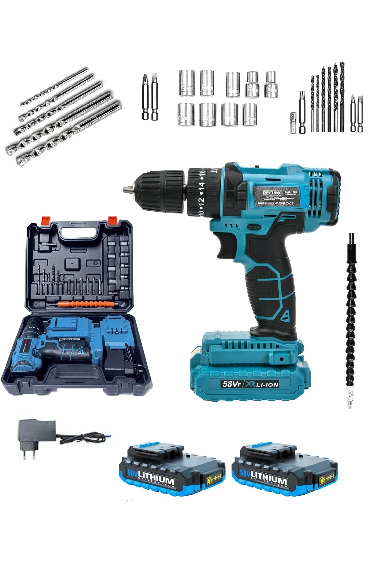 Şarjlı Darbeli Matkap 58 Volt Çift Akülü Şanzımanlı Torklu Matkap Duvar Beton Ahşap Delme Vidalama