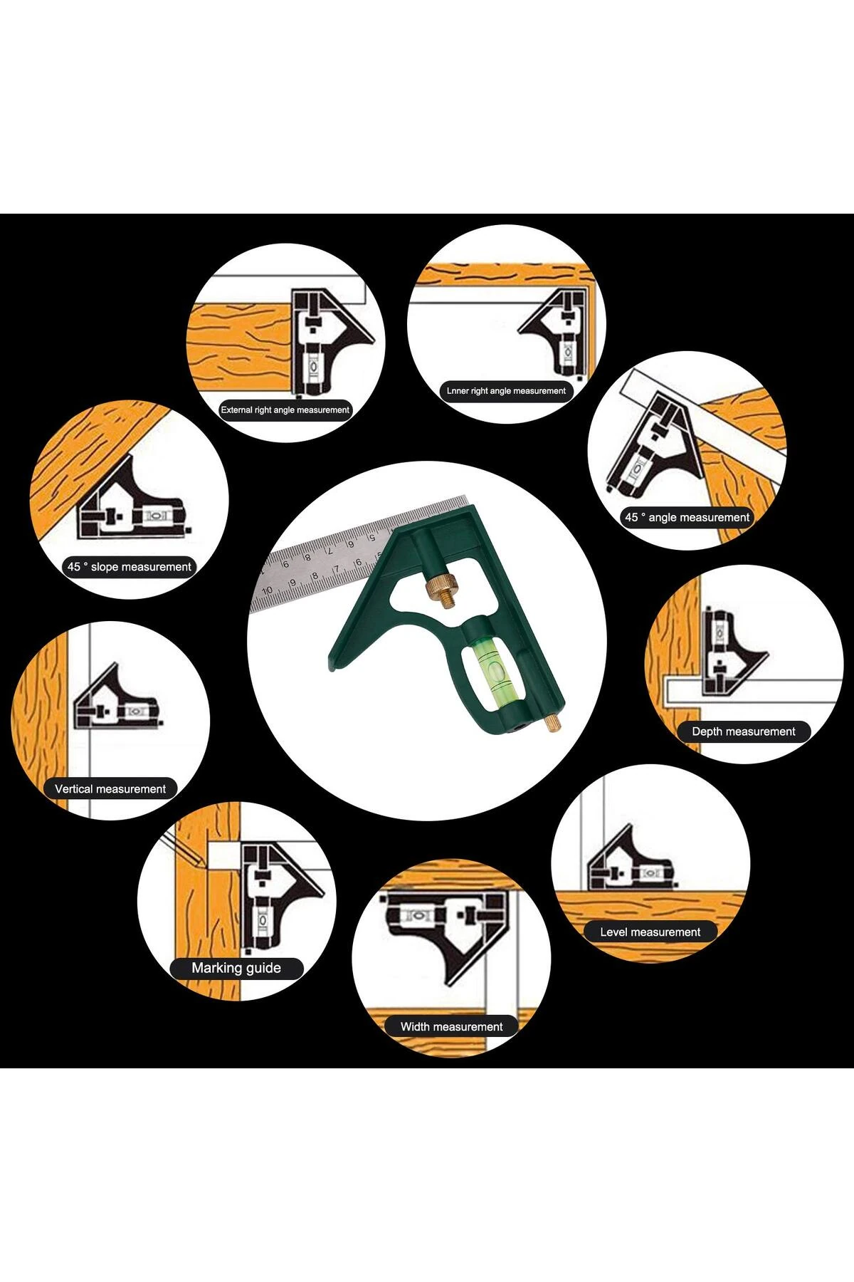 Su terazili ayarlı Kombine cetvel Açı ölçer Kalıp Tarağı Kumpas Marangoz Mühendis 45°/90° 300mm